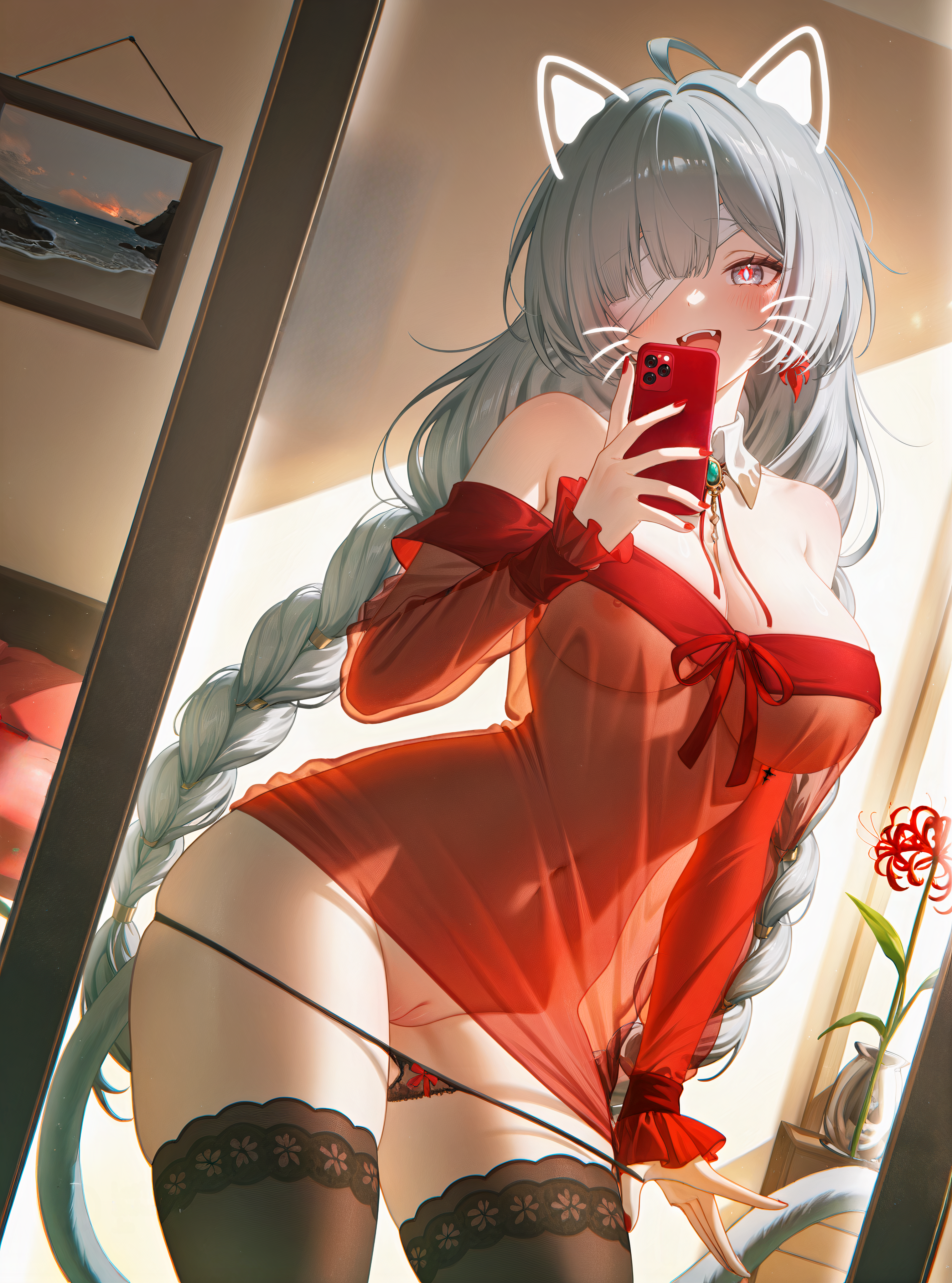 +_+ :d absurd_res ahoge ai_generated animal_ear_fluff animal_ears areola_slip ass_visible_through_thighs bandage_over_one_eye bandaged_head bandages bare_shoulders bed bedroom black_panties black_thighhighs blue_eyes blunt_bangs blush bow bow_panties braid breasts brooch brown_thighhighs cat_ears cat_girl cat_tail cellphone cleavage cleft_of_venus collar contrapposto covered_navel covered_nipples cowboy_shot curtains detached_collar detached_sleeves drawer drawing_(object) dress dutch_angle earrings extra_ears eyepatch facial_mark fake_animal_ears fangs female female_pov fingernails flower flower_pot frilled_sleeves frills gem grey_eyes grey_hair hair_between_eyes hair_ornament hair_over_one_eye hand_up heart heart-shaped_pupils holding holding_phone indoors jewelry lace lace-trimmed_legwear lace-trimmed_panties lace_panties lace_trim large_breasts leaning_to_the_side lingerie long_bangs long_fingernails long_hair long_sleeves looking_at_mirror looking_at_viewer low_twin_braids low_twintails medical_eyepatch medium_breasts ministro mirror mole multiple_tails nail_polish navel neck_ribbon nightgown nipples no_bra no_pants off-shoulder_dress off-shoulder_shirt off_shoulder official_alternate_costume on_bed one_eye_covered open_mouth painting_(object) panties panty_pull panty_straps phone photo_(object) phrolova_(wuthering_waves) picture_frame pink_eyes pink_pupils plant portrait_(object) potted_plant pov pulled_by_self purple_eyes pussy pussy_juice pussy_peek red_collar red_dress red_eyes red_flower red_nails red_panties red_ribbon red_rose red_shirt red_sleeves reflection ribbon rose see-through see-through_dress see-through_shirt see-through_silhouette see-through_sleeves selfie shirt skindentation slit_pupils smartphone smile solo spider_lily standing stomach strap_pull strapless string_panties sunlight symbol-shaped_pupils tail tail_raised taking_picture teeth thick_eyebrows thighhighs thighs tongue twin_braids twintails uncensored underwear upper_teeth_only vase very_long_hair whisker_markings whiskers white_collar white_flower white_hair wuthering_waves