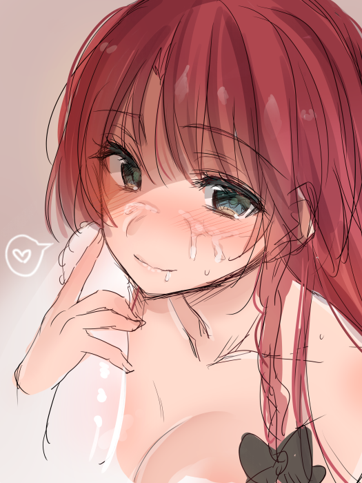 asa (coco), hong meiling, touhou, cum, cum in mouth, facial, green eyes, hair ribbon, penis, penis on face, red hair, ribbon, solo, solo focus, 