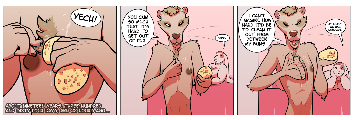 ritts, alan (ritts), ethan (ritts), 2014, comic, english text, speech bubble, text, 5 fingers, after sex, anorexia, anthro, armpits, big nipples, body hair, brown fur, brown nipples, chest hair, cleaning, cum, cum on chest, dialogue, duo, fur, hair, lagomorph, lying, male, mammal, meerkat, mongoose, nipples, nude, rabbit, shower, sponge, standing, yellow eyes, 