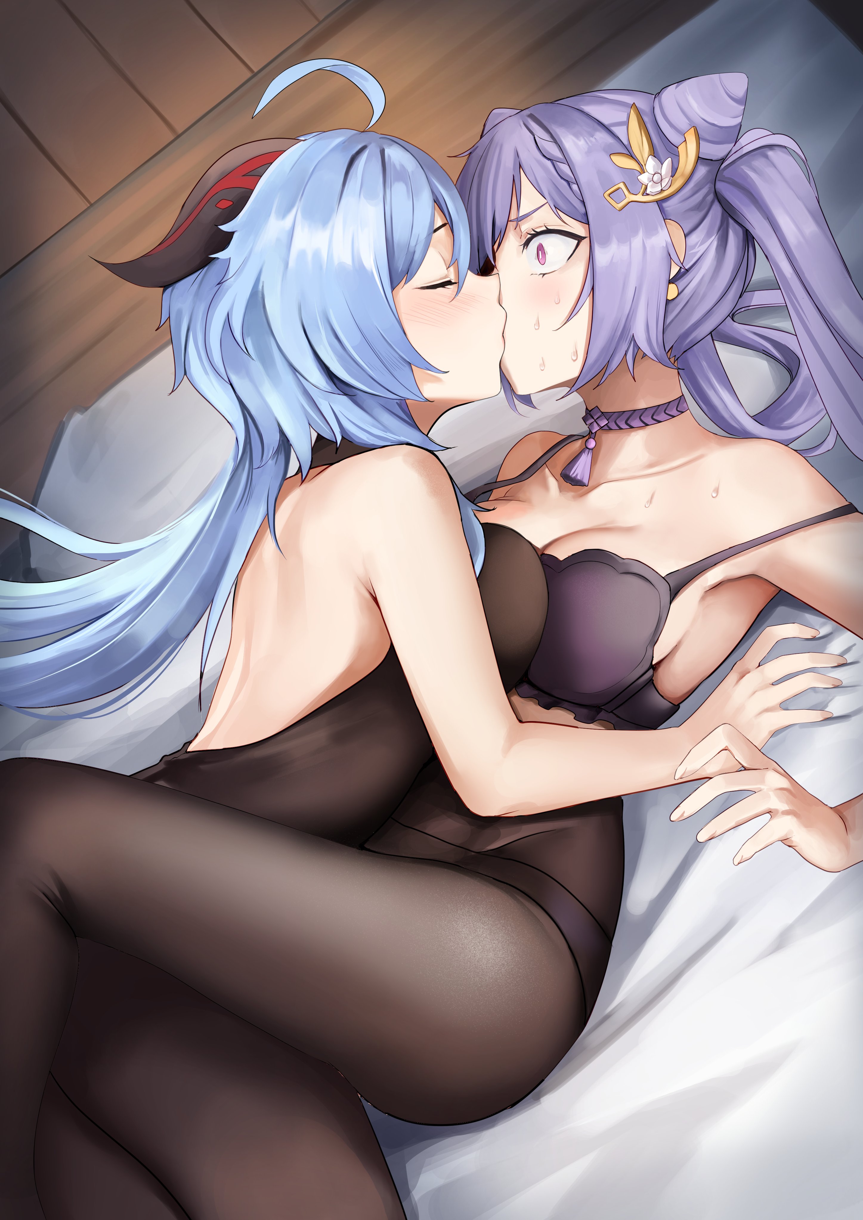 blue hair, blush, closed eyes, female only, ganyu (genshin impact), genshin impact, horns, keqing (genshin impact), kissing, on bed, purple eyes, purple hair, shocked, sweat, yuri, 