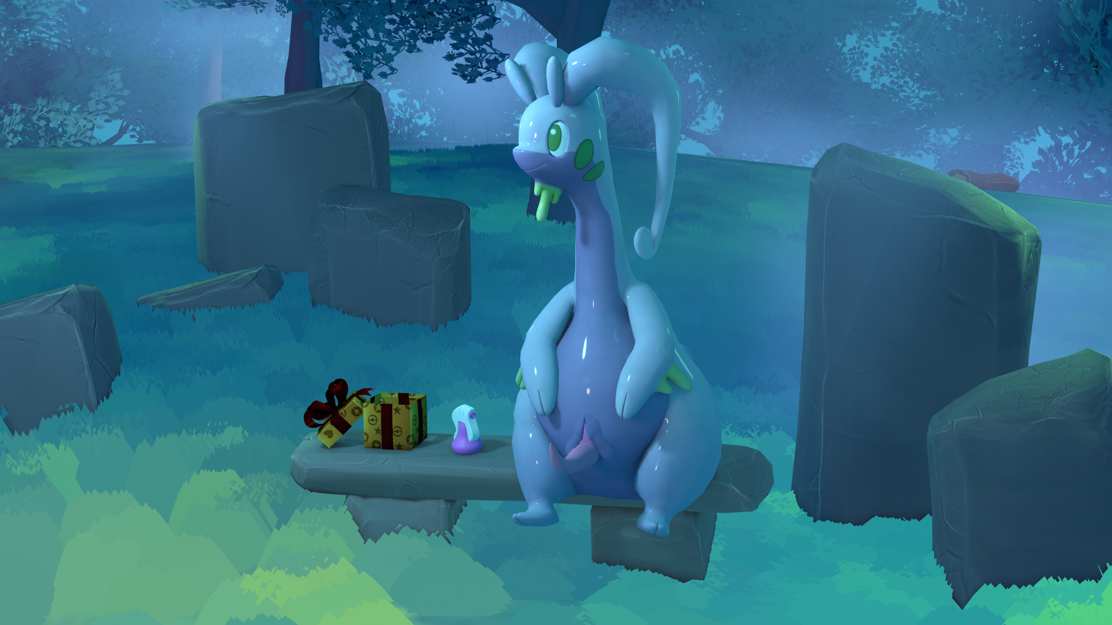 goodra, pokemon (species), nintendo, 3d (artwork), 4k, absurd res, digital media (artwork), hi res, animal genitalia, animal penis, anthro, cetacean genitalia, cetacean penis, dragon, erection, generation 6 pokemon, genitals, goo creature, iynize (artist), male, penis, pokemon, slime, solo, tapering penis, thick thighs, 
