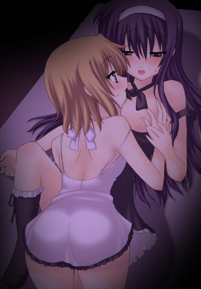 saki chisuzu, sakichi suzu, arisa bannings, tsukimura suzuka, lyrical nanoha, mahou shoujo lyrical nanoha, blush, breast grab, breasts, female, lingerie, multiple girls, oppai, underwear, yuri, 