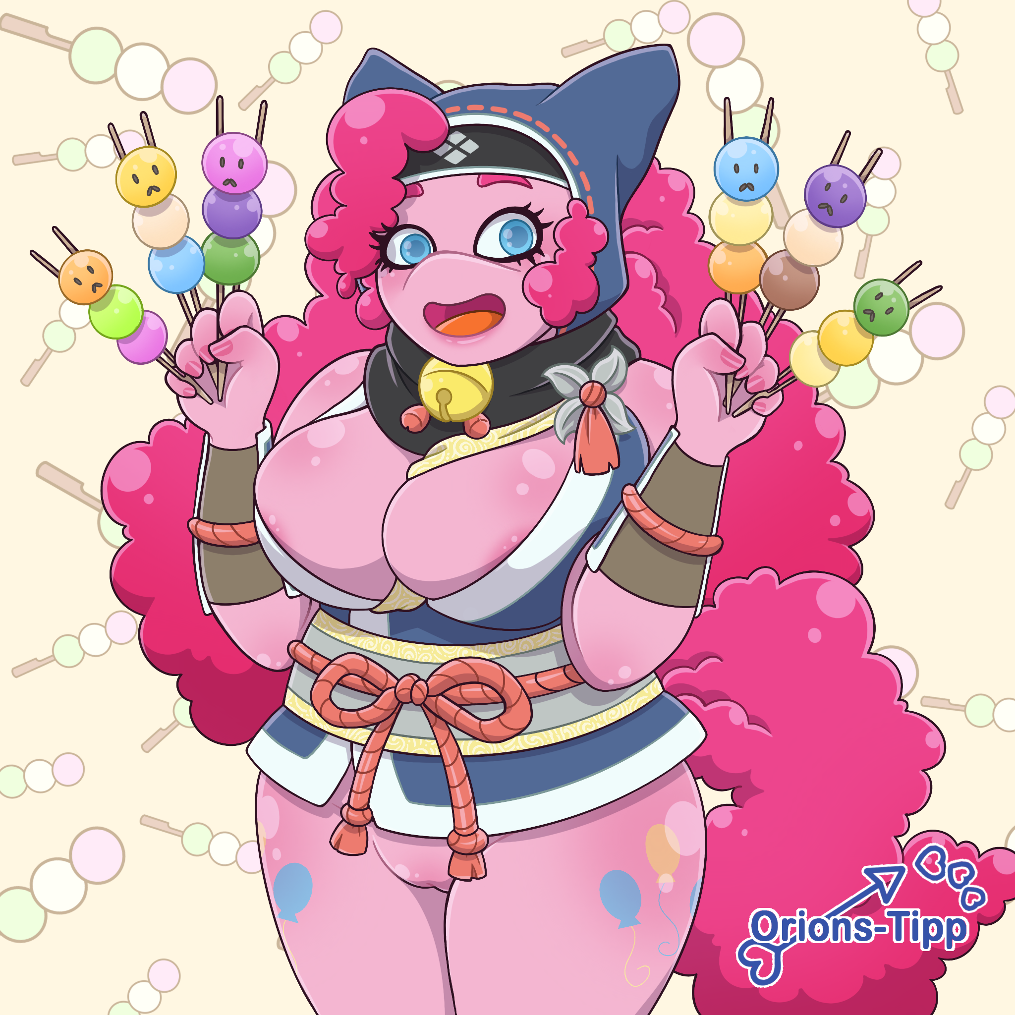 pinkie pie (mlp), friendship is magic, my little pony, hi res, anthro, big breasts, bottomless, breasts, clothed, clothing, cosplay, equid, equine, female, genitals, horse, huge breasts, looking at viewer, mammal, monster hunter rise, nipple slip, open mouth, open smile, orions-tipp, pussy, smile, solo, 