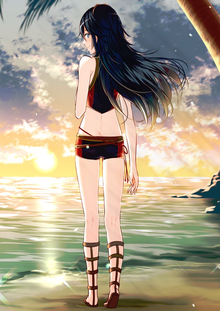 lucina, lucina (fire emblem), fire emblem, fire emblem: awakening, fire emblem awakening, fire emblem cipher, 1girls, alternate costume, ameno (a meno0), ass, back, back view, bangs, bare shoulders, beach, bikini, blue bikini, blue eyes, blue hair, blue swimsuit, butt crack, closed mouth, cloud, day, female, floating hair, full body, gladiator sandals, hair ornament, lips, long hair, looking at viewer, looking back, ocean, official alternate costume, palm tree, sandals, short shorts, shorts, sky, smile, solo, sunset, swimsuit, tiara, tree, water, 