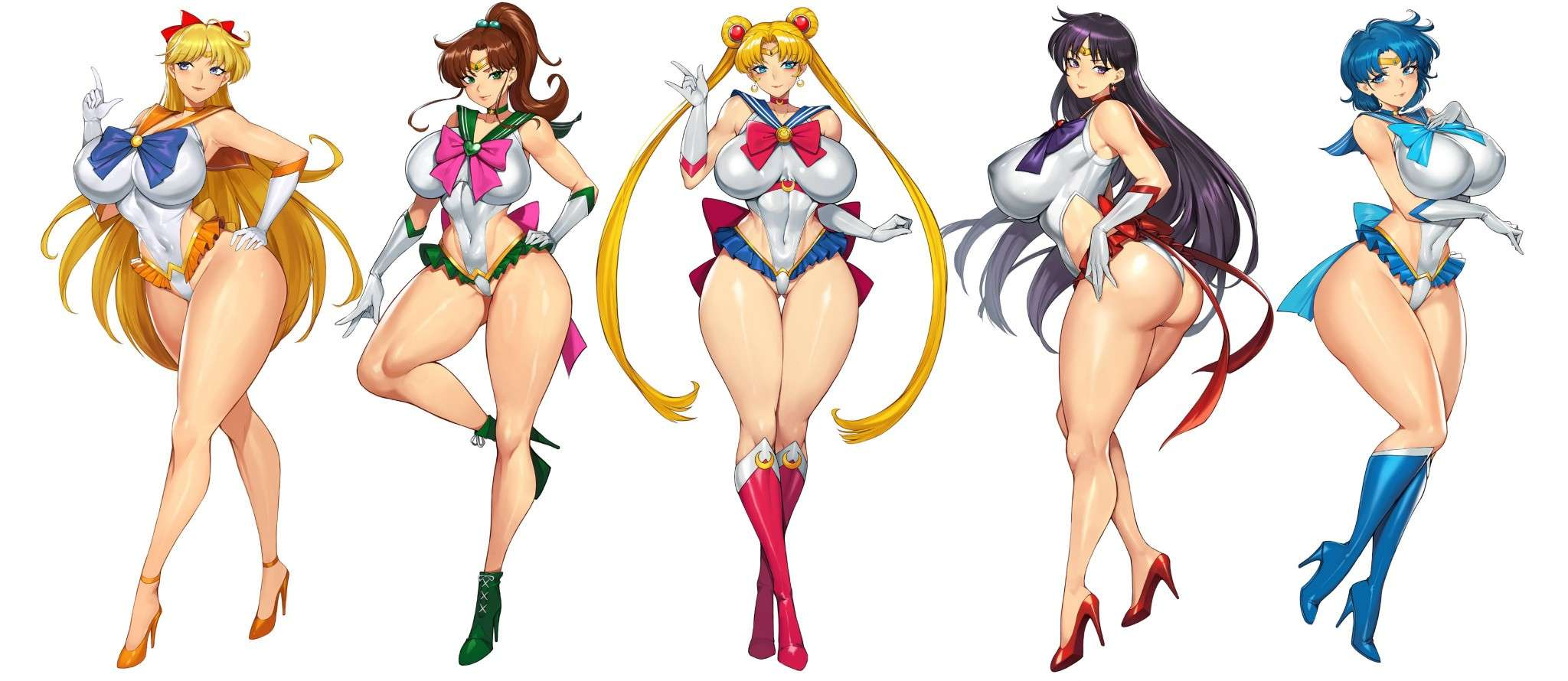 5girls adult_swim ami_mizuno ass back_bow barely_covered_crotch bishoujo_senshi_sailor_moon bishoujo_senshi_sailor_moon_r bishoujo_senshi_sailor_moon_r_the_movie bishoujo_senshi_sailor_moon_s bishoujo_senshi_sailor_moon_s_the_movie bishoujo_senshi_sailor_moon_supers bishoujo_senshi_sailor_moon_supers_the_movie black_hair blond_hair blonde_hair blue_bow blue_eyes blue_hair boobs_and_butt_pose breasts brown_hair devil_horns_(gesture) female finger_gun green_boots green_eyes gurimjang hair_buns hand_on_hip hi_res high_heel_boots high_heel_shoes high_heeled_boots high_heels huge_ass huge_breasts huge_butt knee_length_hair long-haired_female long_hair looking_at_viewer looking_over_shoulder makoto_kino minako_aino miniskirt one_leg_raised one_leg_up orange_heels pigtails pink_bow ponytail purple_bow purple_eyes red_bow rei_hino sailor_jupiter sailor_mars sailor_mercury sailor_moon sailor_senshi sailor_senshi_uniform sailor_venus thick_thighs tiara toei_animation toonami touching_chest usagi_tsukino white_background white_shirt wide_hips