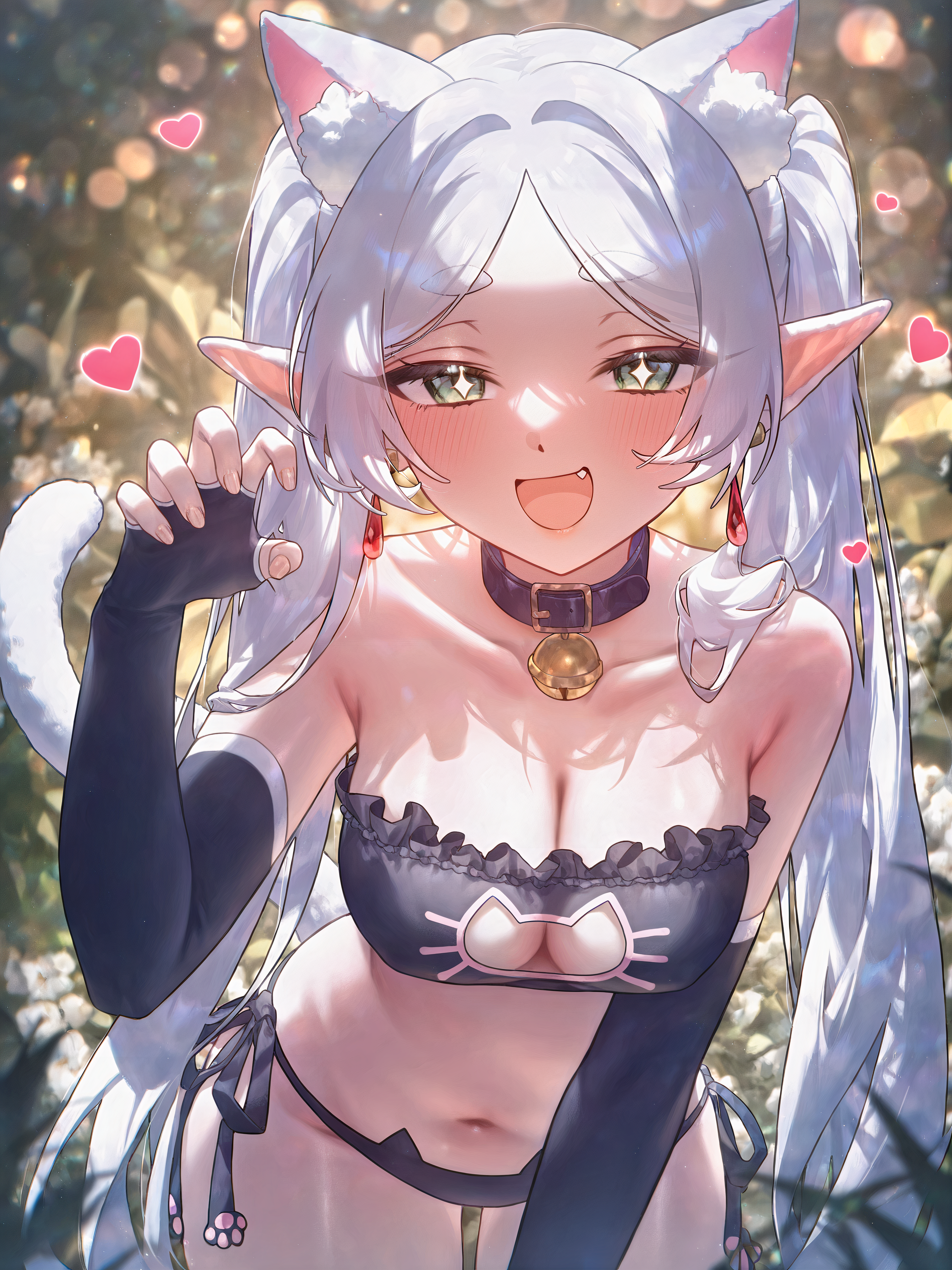 +_+ :d alternate_breast_size alternate_costume alternate_hairstyle animal_collar animal_ear_fluff animal_ears bare_shoulders bell belt_collar bent_over bikini black_bra black_gloves black_panties blonde_hair blue_skin blurry blurry_background blush bra breasts bridal_gauntlets brown_collar brown_gloves cat_cutout cat_ear_panties cat_ears cat_girl cat_lingerie cat_print cat_tail choker claw_pose cleavage cleavage_cutout clothing_cutout collar collarbone colored_skin cowboy_shot dangle_earrings depth_of_field drop_earrings earrings elbow_gloves elf extra_ears female fingerless_gloves fingernails flower frieren frilled_bra frills glint gloves grass green_eyes grey_hair hand_up heart heart-shaped_pupils jewelry jingle_bell kemonomimi_mode large_breasts leaning_forward lingerie long_hair looking_at_viewer medium_breasts meme_attire ministro nail_polish nature navel neck_bell oerba_yun_fang open_mouth outdoors panties parted_bangs paw_pose paw_print pointy_ears print_panties purple_skin red_collar self_upload short_eyebrows side-tie_panties sidelocks skin_fang smile solo sousou_no_frieren standing stomach strapless strapless_bra string_panties swimsuit symbol-shaped_pupils tail tail_raised thick_eyebrows thigh_gap thighhighs thighs twintails underwear underwear_only very_long_hair white_hair