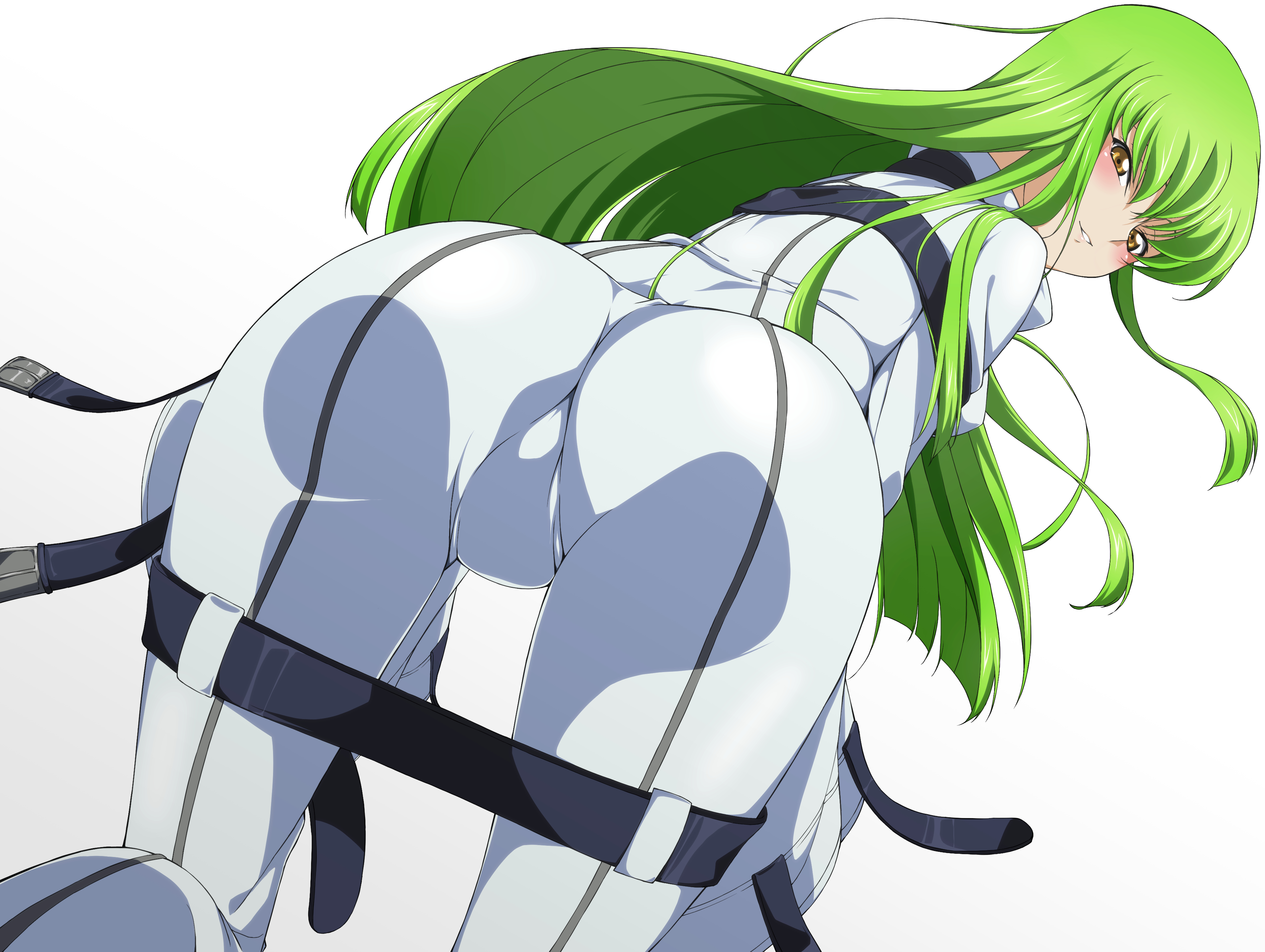 c.c., code geass, 1girls, all fours, ass, belt, bent over, big ass, bodysuit, floating hair, from behind, green hair, long hair, looking at viewer, looking back, parted lips, shou937, smile, solo, white bodysuit, yellow eyes, 