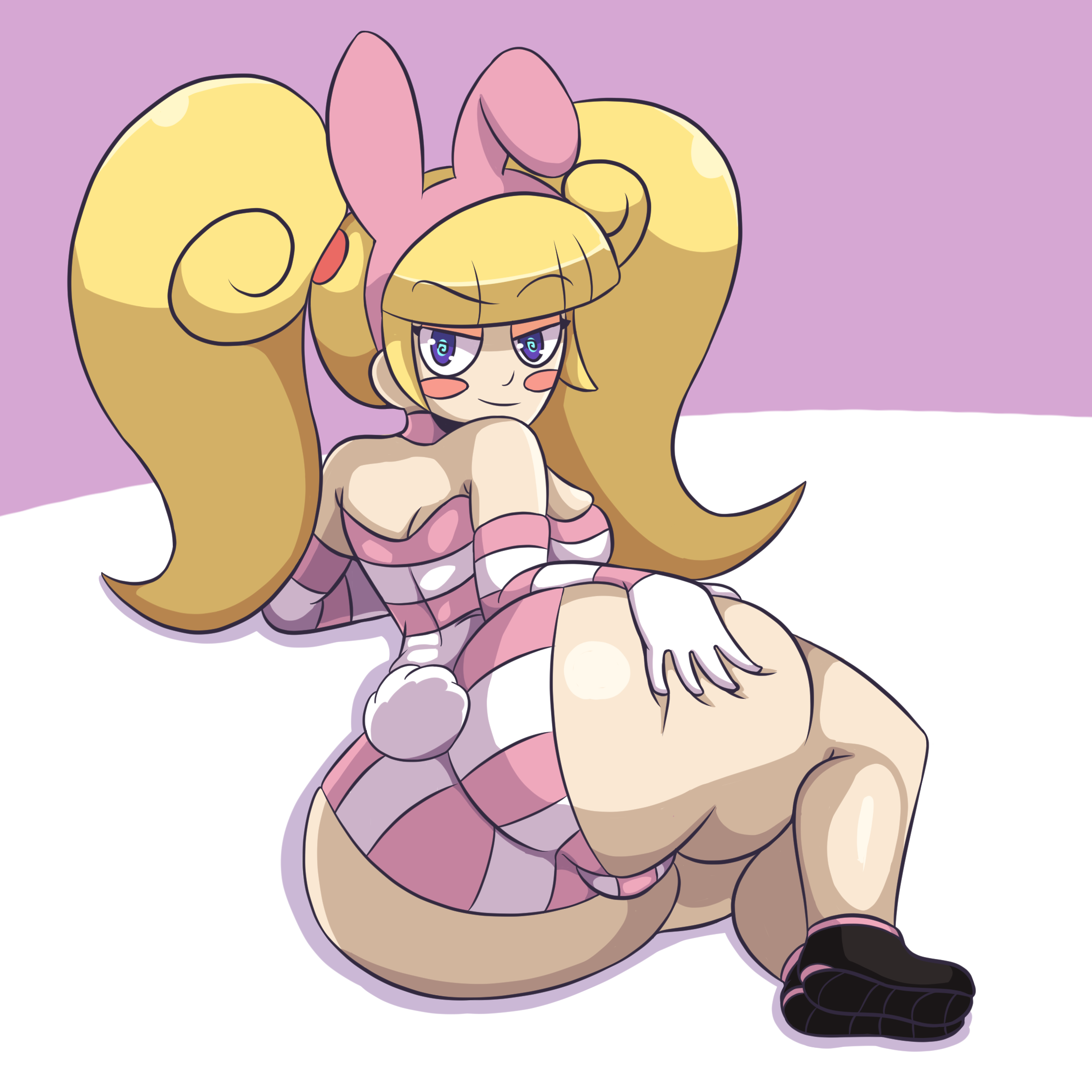iggy-bomb, demandi, yo-kai watch, alternate version available, 1girls, armwear, ass, big ass, blonde female, blonde hair, blush, breasts, bunny ears, bunny tail, bunnysuit, clothing, dat ass, female, female only, gloves, hair, hand on thigh, huge ass, legs, looking at viewer, pink bunnysuit, purple eyes, shoes, shortstack, sideboob, smile, solo, solo female, striped, thick thighs, thighs, twintails, 