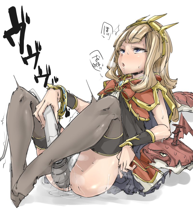 p (tidoriashi), cagliostro (granblue fantasy), granblue fantasy, :o, blonde hair, blue eyes, bracer, female, hitachi magic wand, long hair, masturbation, panties, pussy juice, sitting, solo, thighhighs, underwear, 