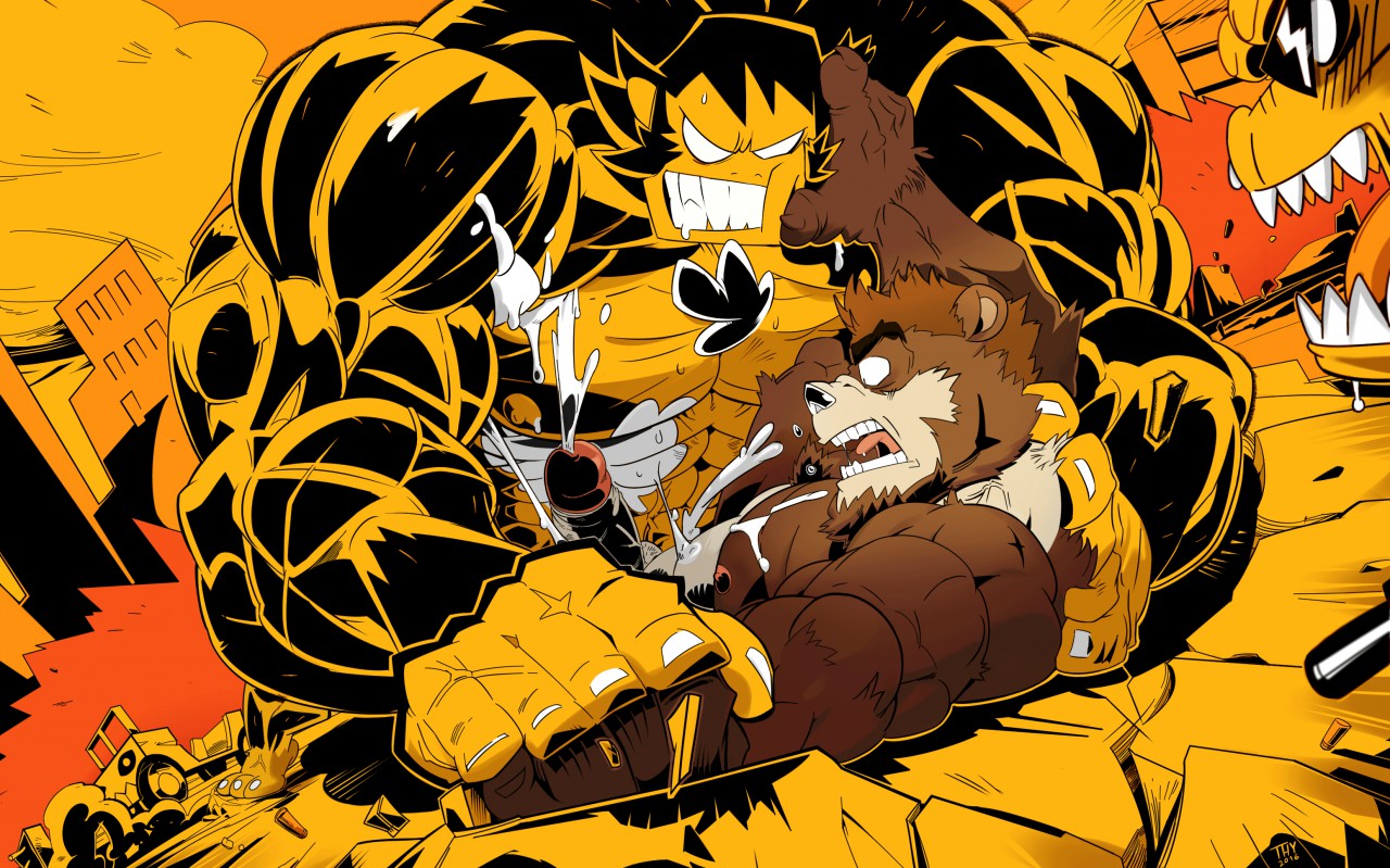thy carker, violence (character), anthro, ape, bear, cum, furry, gorilla, humanoid penis, male, mammal, muscular, penis, primate, yaoi, 