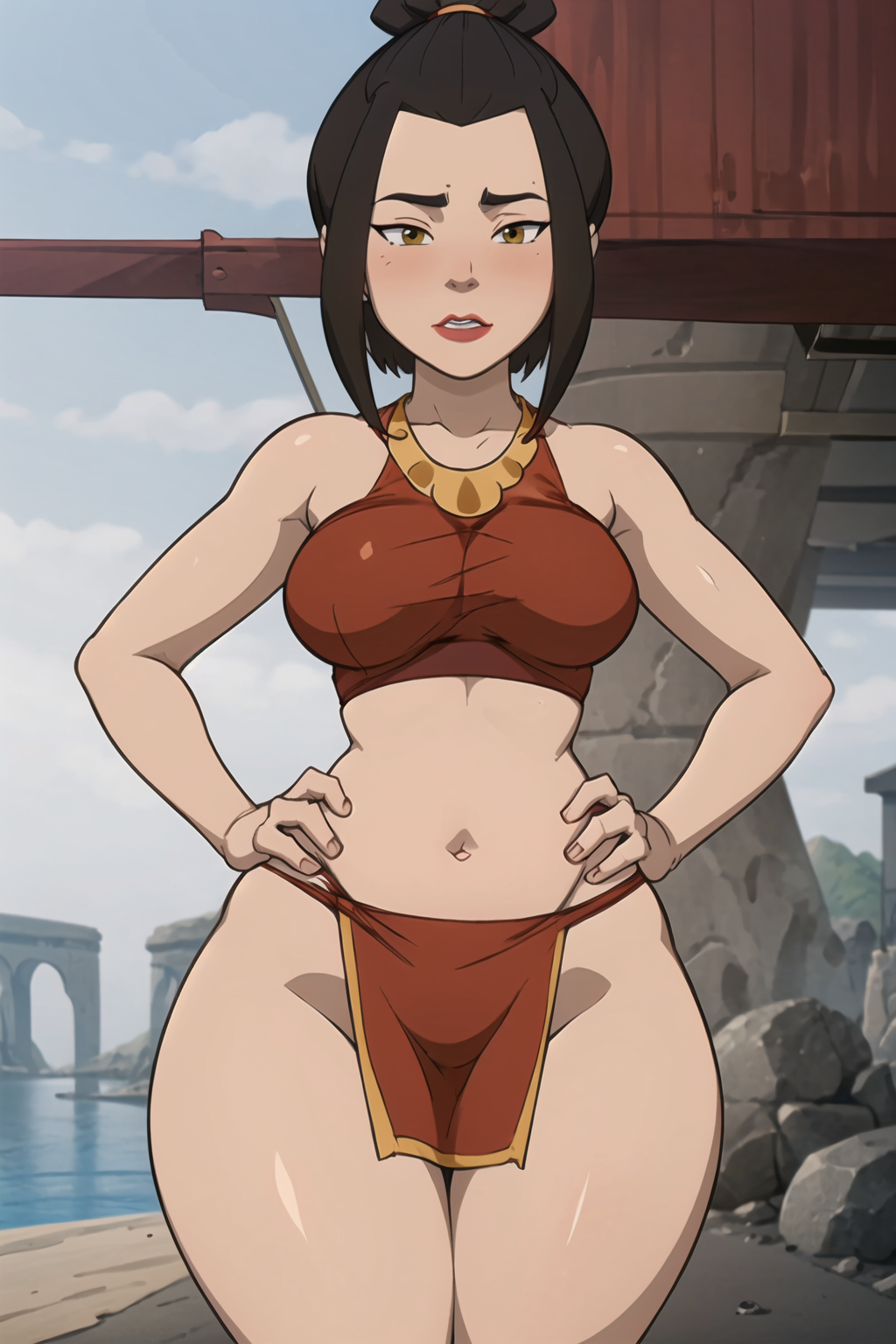 azula, avatar the last airbender, tagme, 1girls, ai generated, brown hair, female, female only, gardener ai, lipstick, loincloth, makeup, pelvic curtain, revealing clothes, skimpy, solo, stable diffusion, swimsuit, thick thighs, topknot, wide hips, 