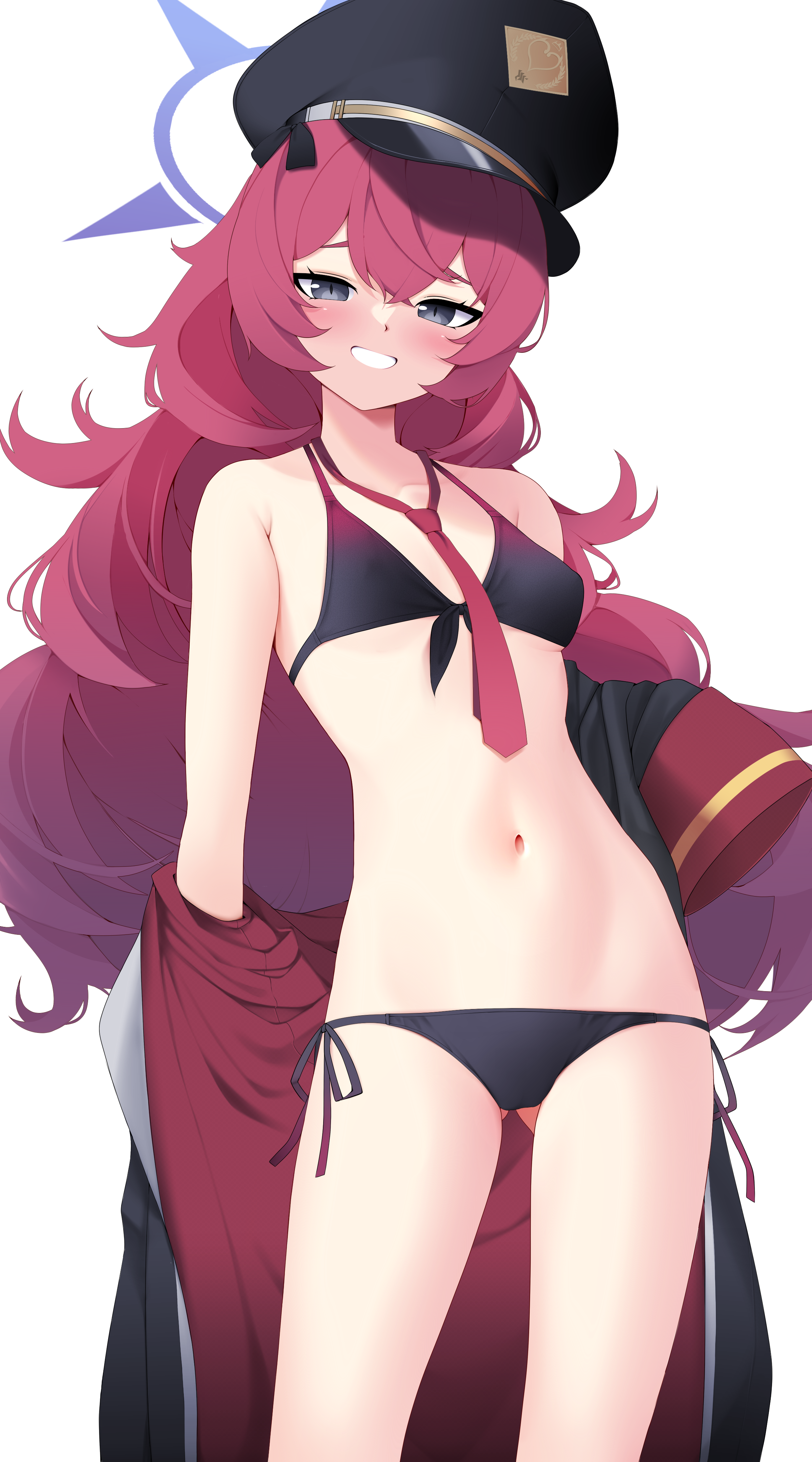 highres, tagme, white background, 1girls, ass visible through thighs, bare shoulders, belly, bikini, black bikini, black bra, black panties, black underwear, blue archive, blush, bra, breasts, chest, embarrassed, female, female only, grey eyes, halo, hat, iroha (blue archive), light-skinned female, long hair, looking at viewer, midriff, navel, panties, red hair, seductive, slim, small breasts, smile, solo, standing, stomach, teeth, tie, underwear, undressing, very long hair, z.taiga, 