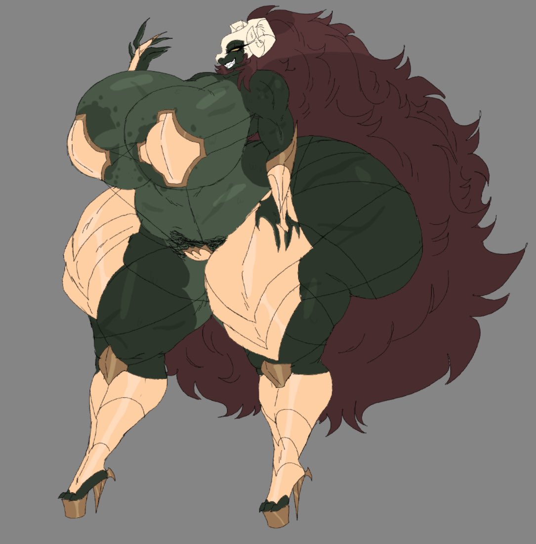 oc, original character, original, 2d, 2d (artwork), simple background, 1girls, 2025, 2d artwork, armor, armored female, ass bigger than head, big ass, big breasts, breasts bigger than head, brown hair, eyelashes, female, female focus, female only, full body, green body, hairy pussy, heavensthroat, long hair, platform heels, sharp fingernails, sharp teeth, skimpy, skimpy clothes, skull, snout, solo, solo female, solo focus, thick thighs, yellow eyes, 