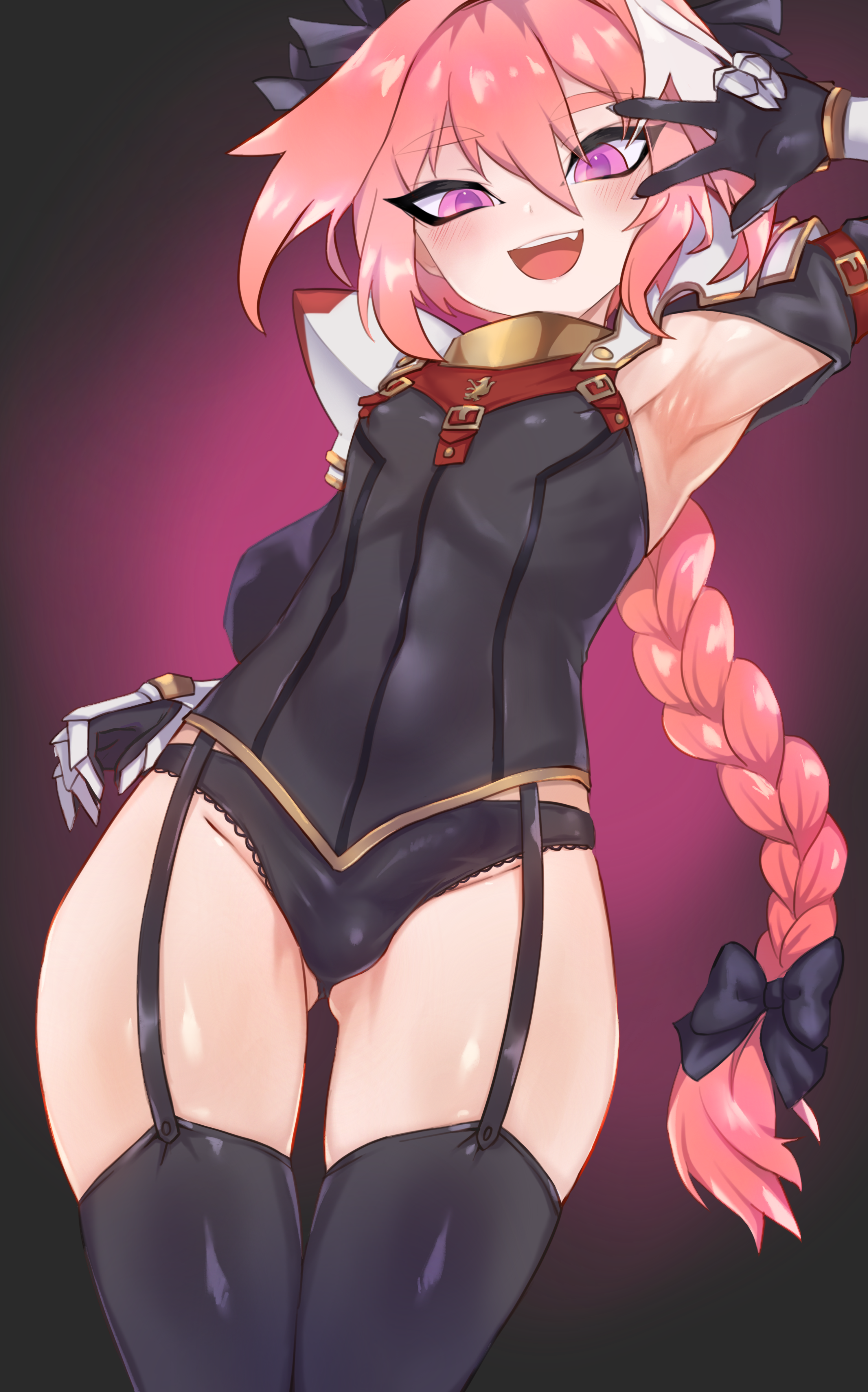 jtveemo, astolfo (fate), fate/grand order, fate (series), absurd res, high resolution, very high resolution, 1boy, androgynous, armpits, balls, balls in panties, black thighhighs, blush, braided hair, cum, erection, erection under clothes, eye contact, eyelashes, femboy, feminine male, flat chest, girly, hair ribbon, long hair, looking at viewer, looking down, male, peace sign, pink eyes, pink hair, smile, solo, standing, thighhighs, thighs, trap, 