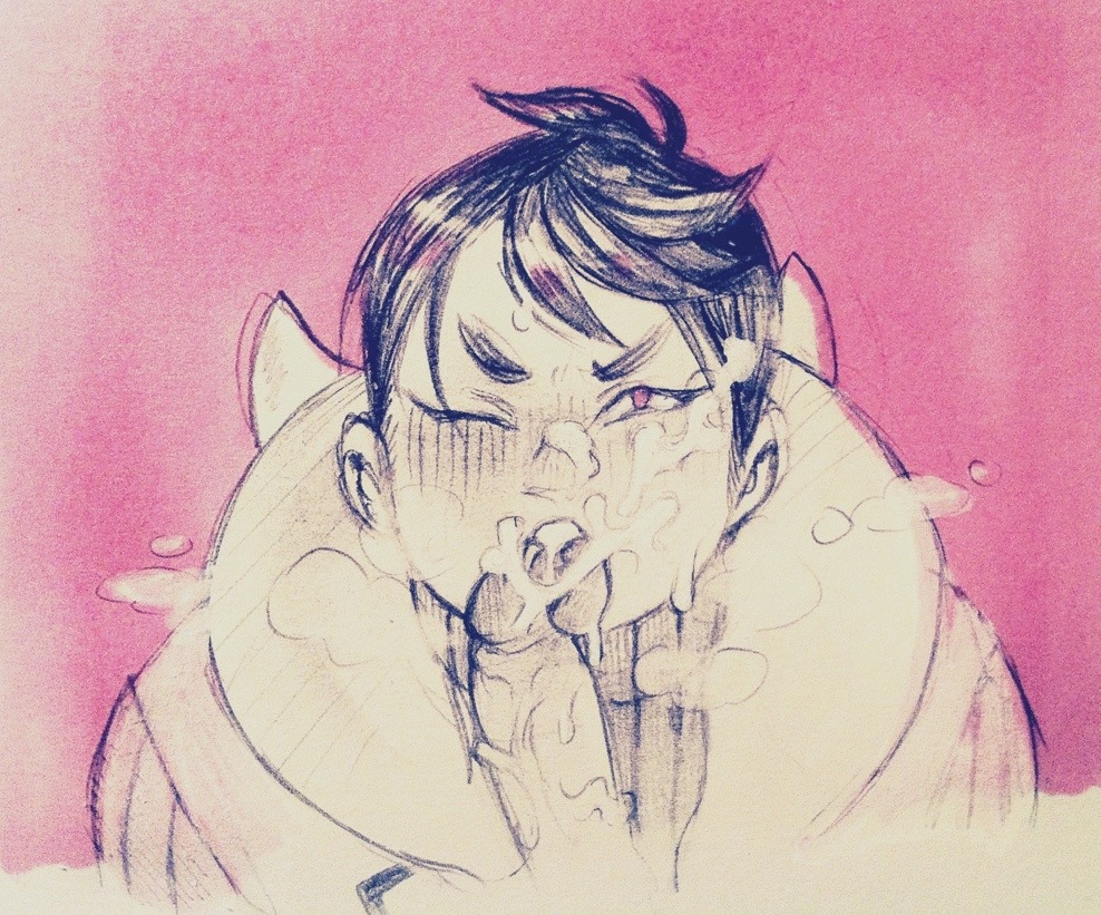 pokemon oras, 2015, monochrome, traditional media (artwork), black hair, cum on face, docter-man, fat man, furrowed brow, furrowed eyebrows, penis, pokemon, red eyes, steam, tabitha (pokemon), 