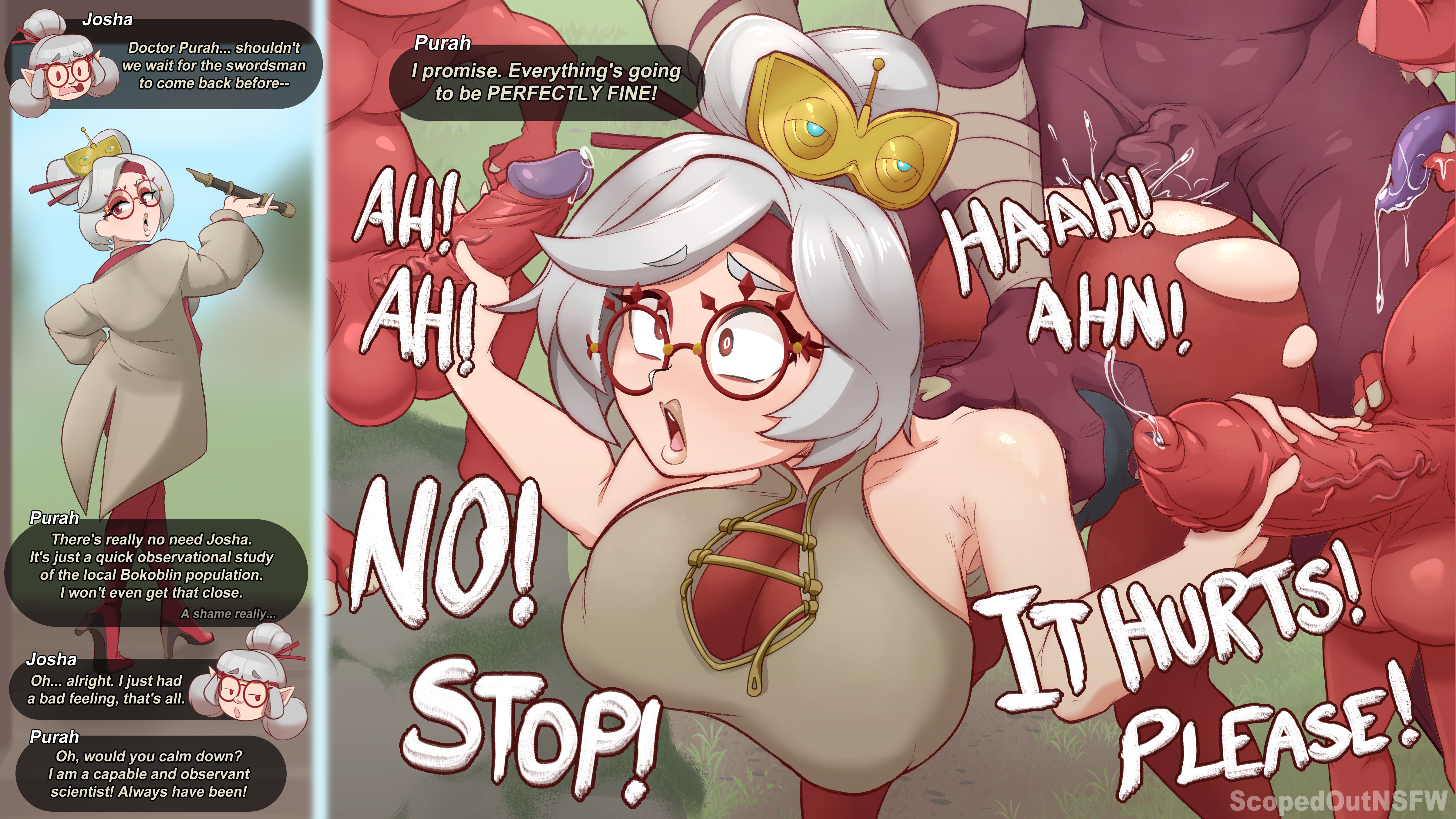 bokoblin, moblin, purah, sheikah, nintendo, the legend of zelda, absurd res, hi res, ambiguous penetration, anthro, anthro penetrating, anthro penetrating female, anthro penetrating humanoid, balls, big breasts, blin (tloz), bodily fluids, breasts, clothed, clothed/nude, clothed female nude male, clothing, coat, dialogue, double handjob, eyewear, female, female on anthro, female penetrated, footwear, foursome, from behind position, gang rape, gangbang, genital fluids, genitals, glasses, group, group sex, hair, hand on back, handjob, high heels, humanoid, humanoid genitalia, humanoid on anthro, humanoid penetrated, humanoid penis, instant loss 2koma, josha (tloz), lab coat, male, male/female, male penetrating, male penetrating female, nude, penetration, penile, penis, precum, red body, red eyes, red skin, scopedout, sex, sharp teeth, tan body, tan skin, teeth, tongue, tongue out, topwear, torn clothing, white hair, wide eyed, 
