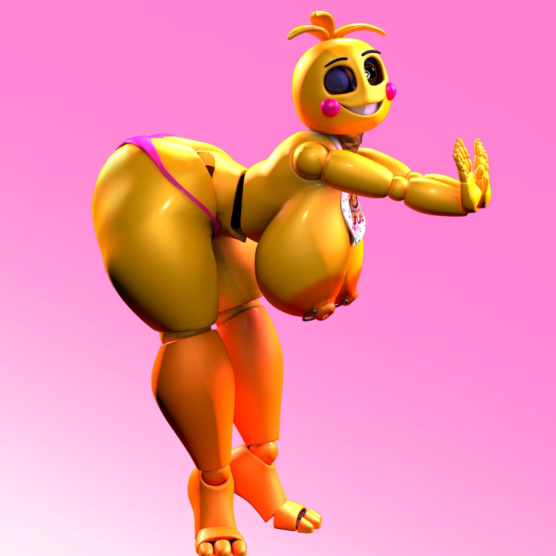 toy chica (fnaf), pink background, animatronic, ass, bent over, bib, big as...