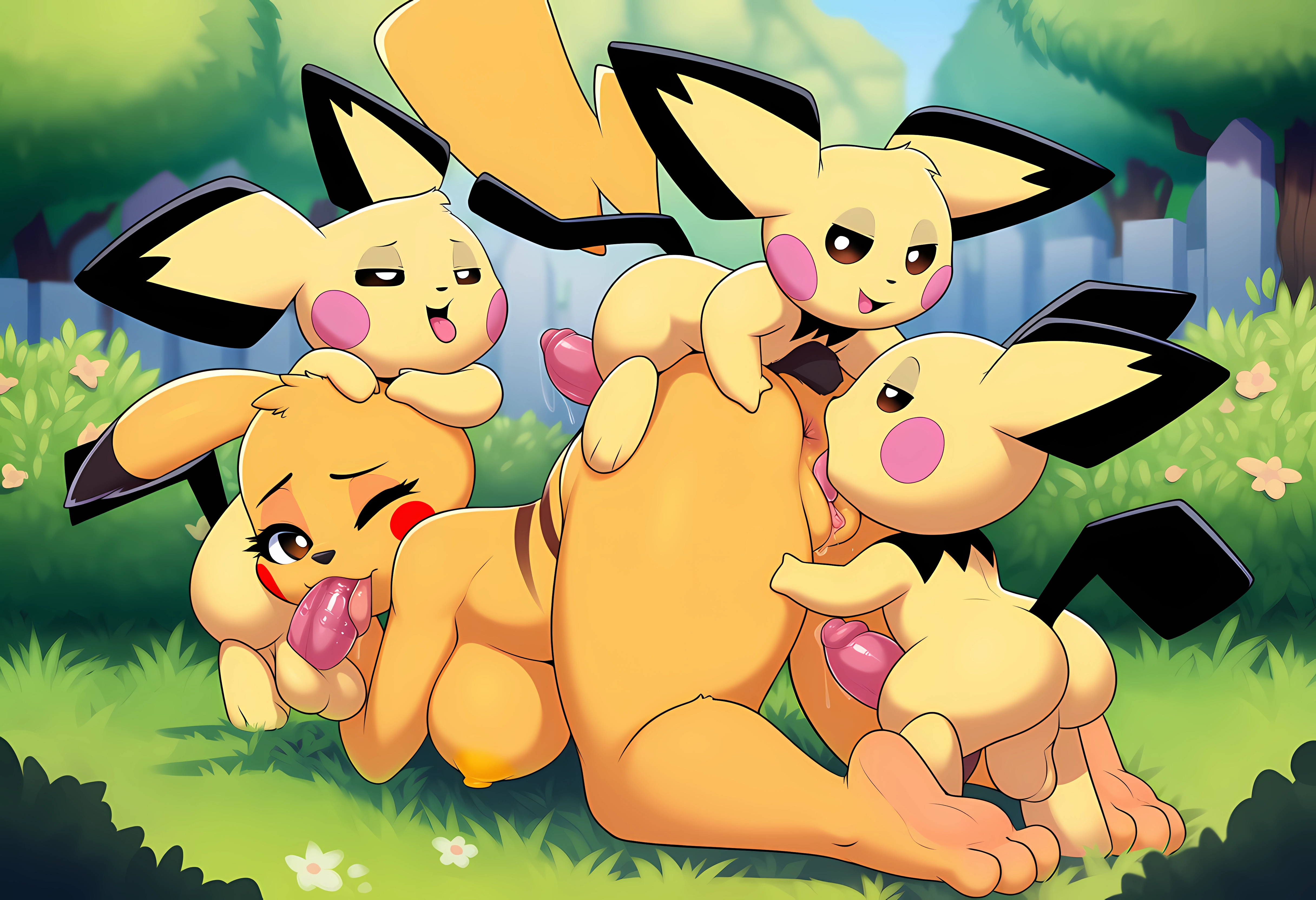 2025 ai_generated ass breasts female fur furry furry_female furry_only gangbang gobabsnow licking_pussy medium_breasts nude penis penis_in_mouth pichu pikachu pokemon pokemon_(species) pussy