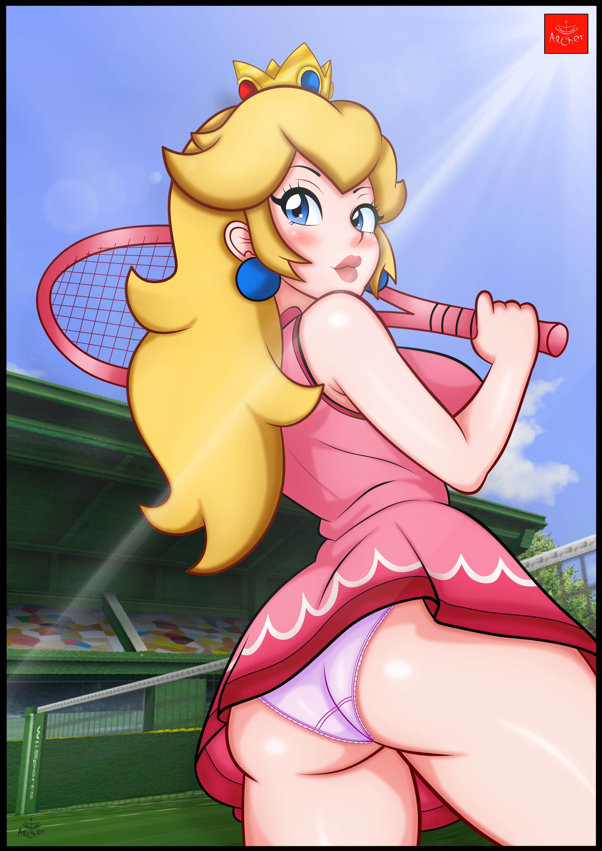 1girls artist_name ass big_ass big_breasts blonde_hair blue_eyes blush breasts busty cloud confident crown dress earrings from_behind from_below highres holding holding_tennis_racket jewelry large_breasts legs light_rays long_hair looking_at_viewer looking_back mario_(series) mario_tennis nintendo panties pantyshot pink_dress pink_lips pink_panties pose posing princess_peach racket seductive_smile sensual sexy sexy_pose sideboob sky sleeveless sleeveless_dress smile sportswear sunbeam sunlight tennis tennis_court tennis_net tennis_racket tennis_uniform thighs underwear voluptuous yularcher