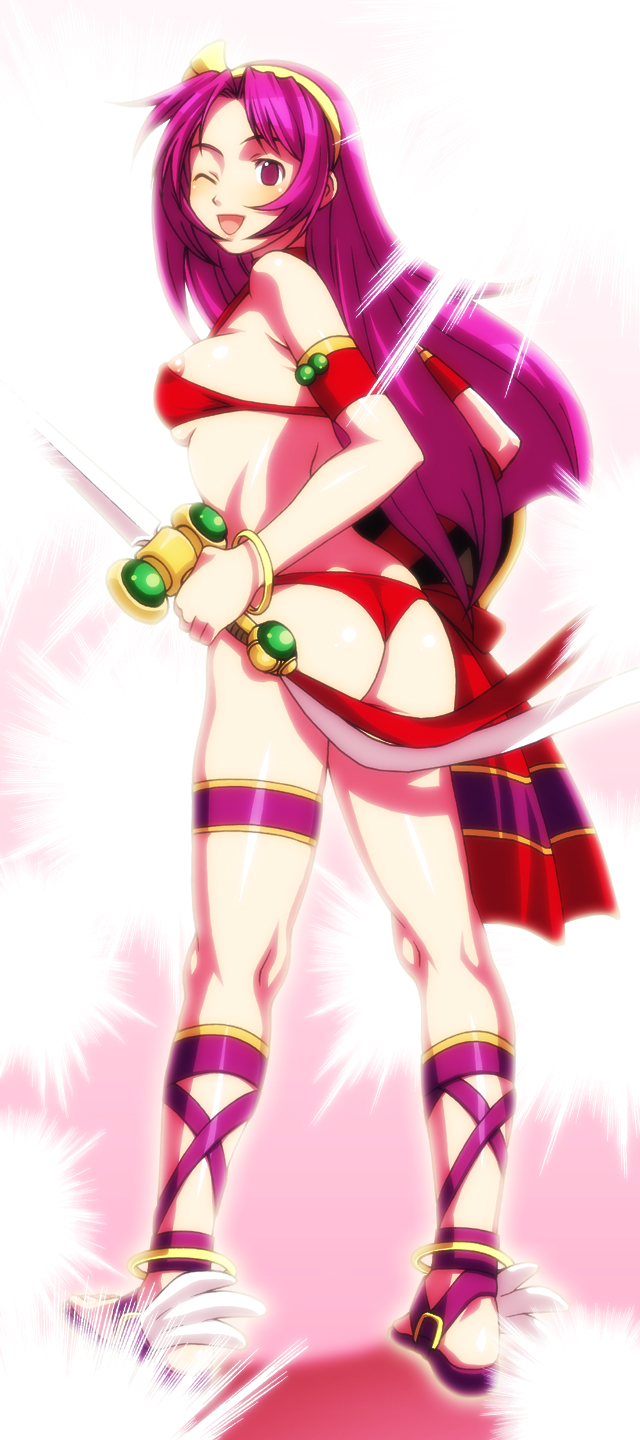 princess athena, snk, highres, ass, blush, long hair, purple hair, sword, weapon, wink, 