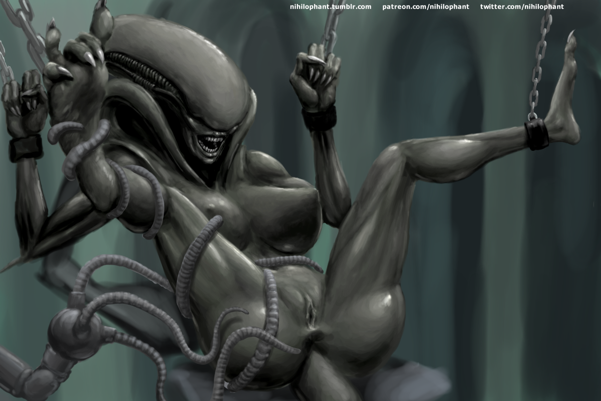 nihilophant, xenomorph, alien (franchise), alien, anus, ass, bondage, bound, breasts, chains, feet, female, handcuffs, humanoid, lips, monster, monster girl (genre), nipples, pussy, shackles, smile, solo, teeth, tentacle, 