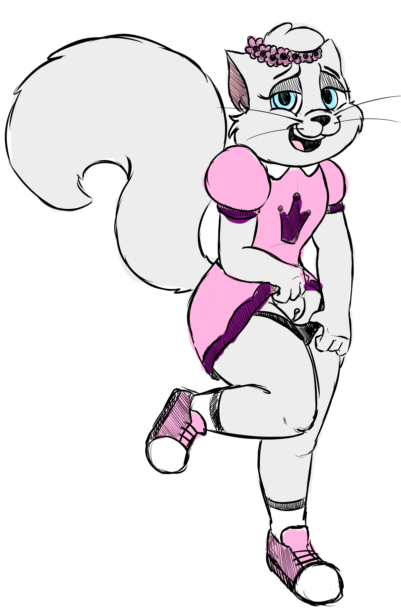unknown artist, hi res, simple background, white background, anthro, blue eyes, clothed, clothing, clothing lift, clothing pull, domestic cat, dress, dress lift, essie (kingdom chums), felid, feline, felis, female, flower, flower crown, footwear, fur, genitals, half-closed eyes, looking at viewer, mammal, narrowed eyes, open mouth, panties, panty pull, plant, presenting, presenting pussy, pussy, shoes, sneakers, socks, solo, teeth, the kingdom chums, tongue, underwear, underwear pull, white body, white fur, 