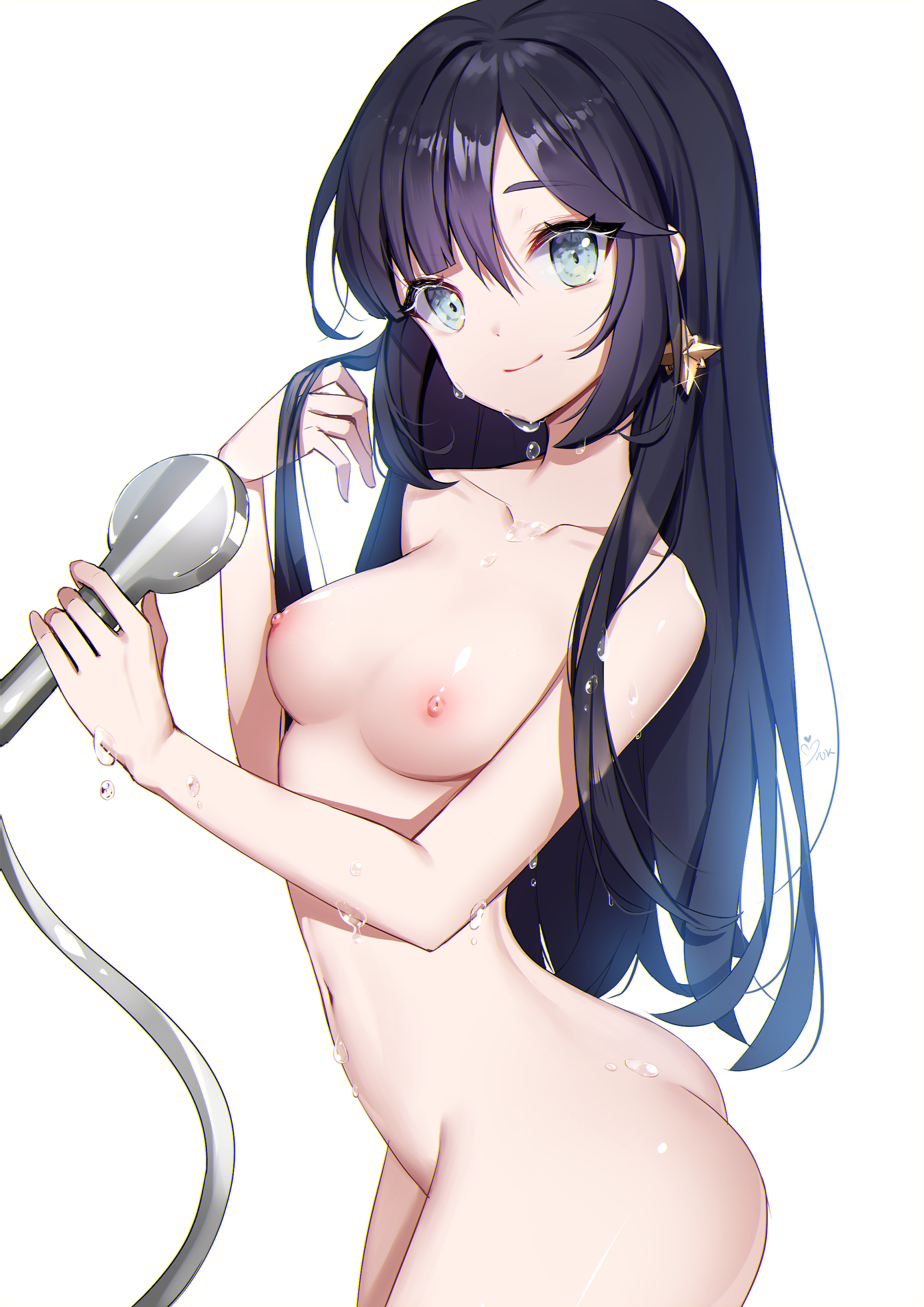 ankkoyom, absurdres, commentary, highres, simple background, white background, arched back, bangs, bathing, black hair, blue eyes, breasts, collarbone, cowboy shot, earrings, female, genshin impact, hair between eyes, hair down, hand up, holding, jewelry, long hair, looking at viewer, medium breasts, mona (genshin impact), navel, nipples, nude, shower head, sidelocks, smile, solo, twisted torso, water, wet, 