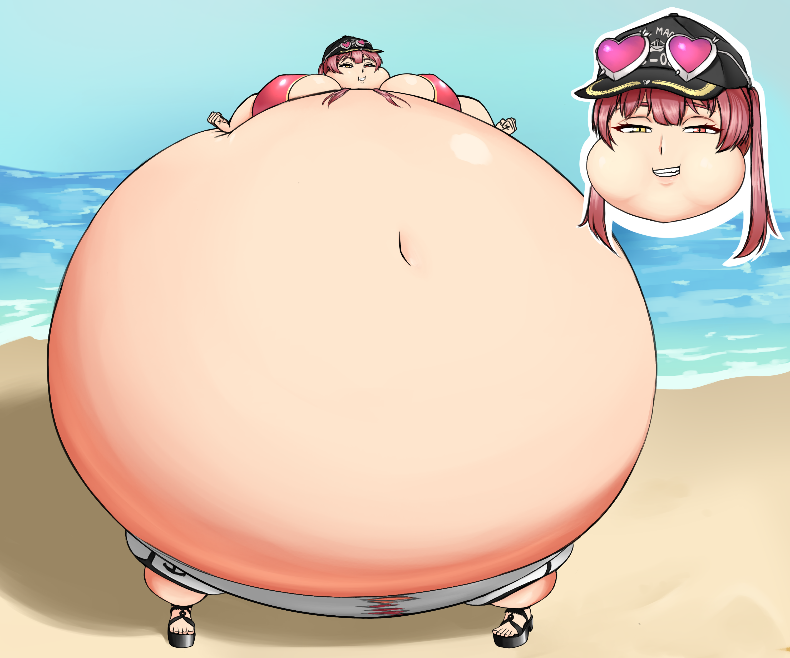 houshou marine, hololive, 1girls, beach, belly inflation, big breasts, bikini top, huge belly, inflation, kiewta, nipples visible through clothing, obese, ocean, 