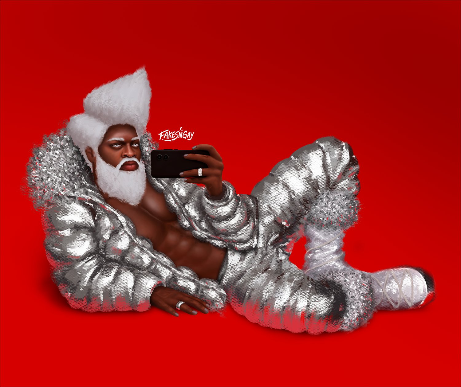 celebrity, african, dark-skinned male, dark skin, fakesngay, holding cellphone, holiday (lil nas x song), leaning back, lil nas x, looking at viewer, male, male only, melanin, muscles, muscular, muscular male, musician, open coat, real person, selfie, 