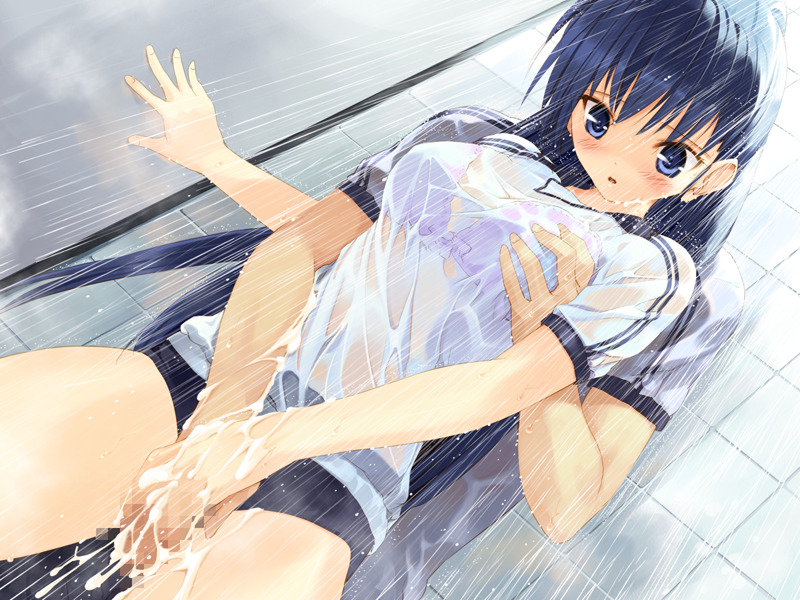 ueda ryou, itsuki aoba, soshite ashita no sekai yori, censored, game cg, blue eyess, blue hair, bra, breast grab, breasts, buruma, cum, cum on body, cum on hands, cum on upper body, gym uniform, lingerie, long hair, see-through, shower, thigh sex, thighs, underwear, wet, wet clothes, 