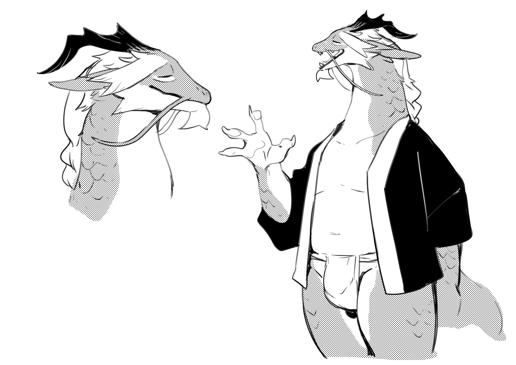 monochrome, white background, closed eyes, clothing, dragon, east asian mythology, eastern dragon, fundoshi, old man, older male, scalie humanoid, 