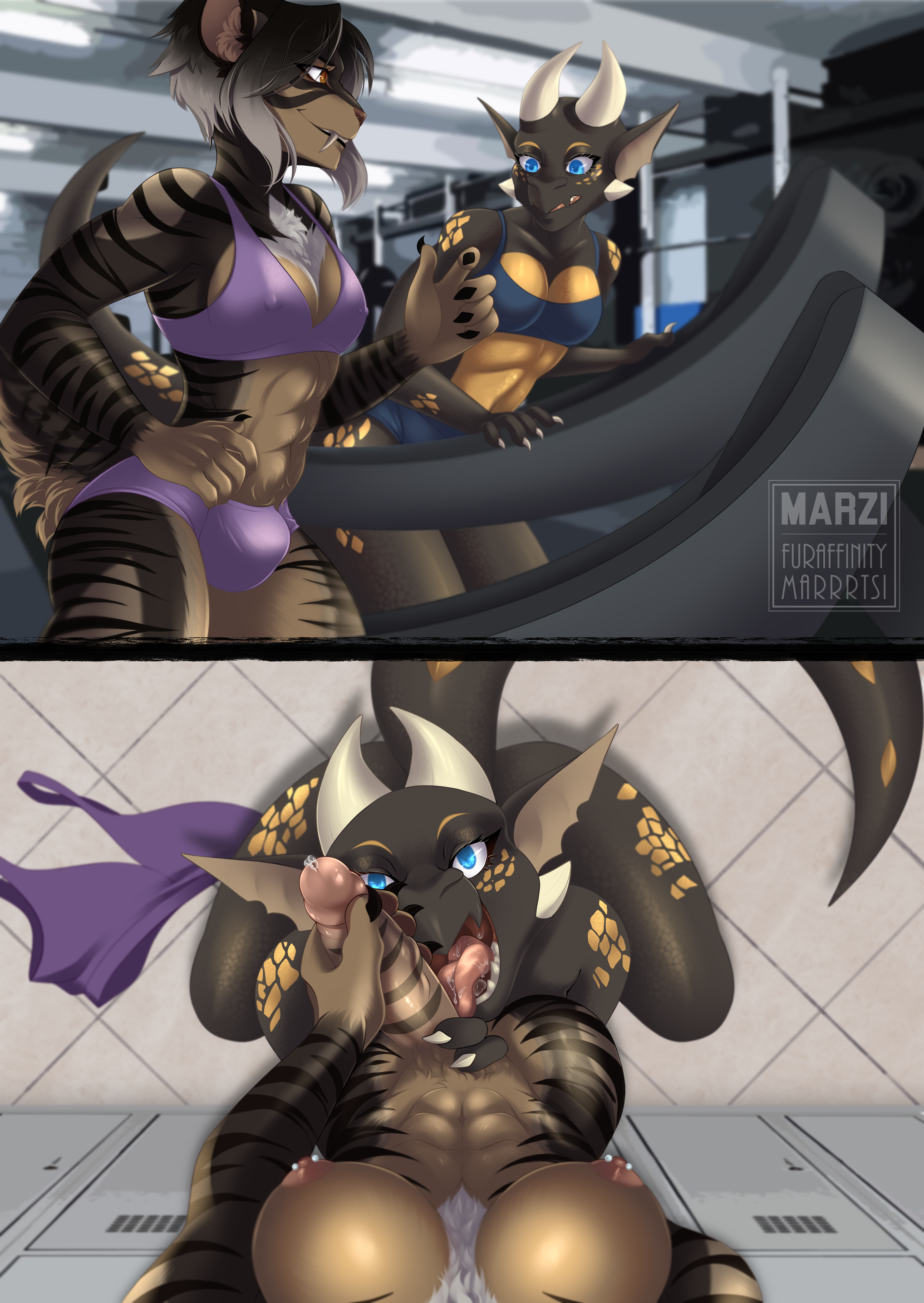 abs absurd_res anthro athletic_wear black_body bodily_fluids bottomwear bra breasts brown_body bulge clothing countershading duo felid fellatio female fur genital_fluids genitals gym_bottomwear gym_shorts hi_res horn intersex intersex/female katerina_aristov klank_(spark.kobbo) kobold licking licking_lips licking_own_lips mammal marrrtsi muscular muscular_intersex nipples open_mouth oral orange_body orange_countershading penile penis pov_blowjob precum prehistoric_species saber-toothed_tiger scalie sex shorts sports_bra sportswear striped_body striped_fur striped_genitalia striped_penis stripes tail tan_body tan_countershading tongue tongue_out treadmill underwear vulva