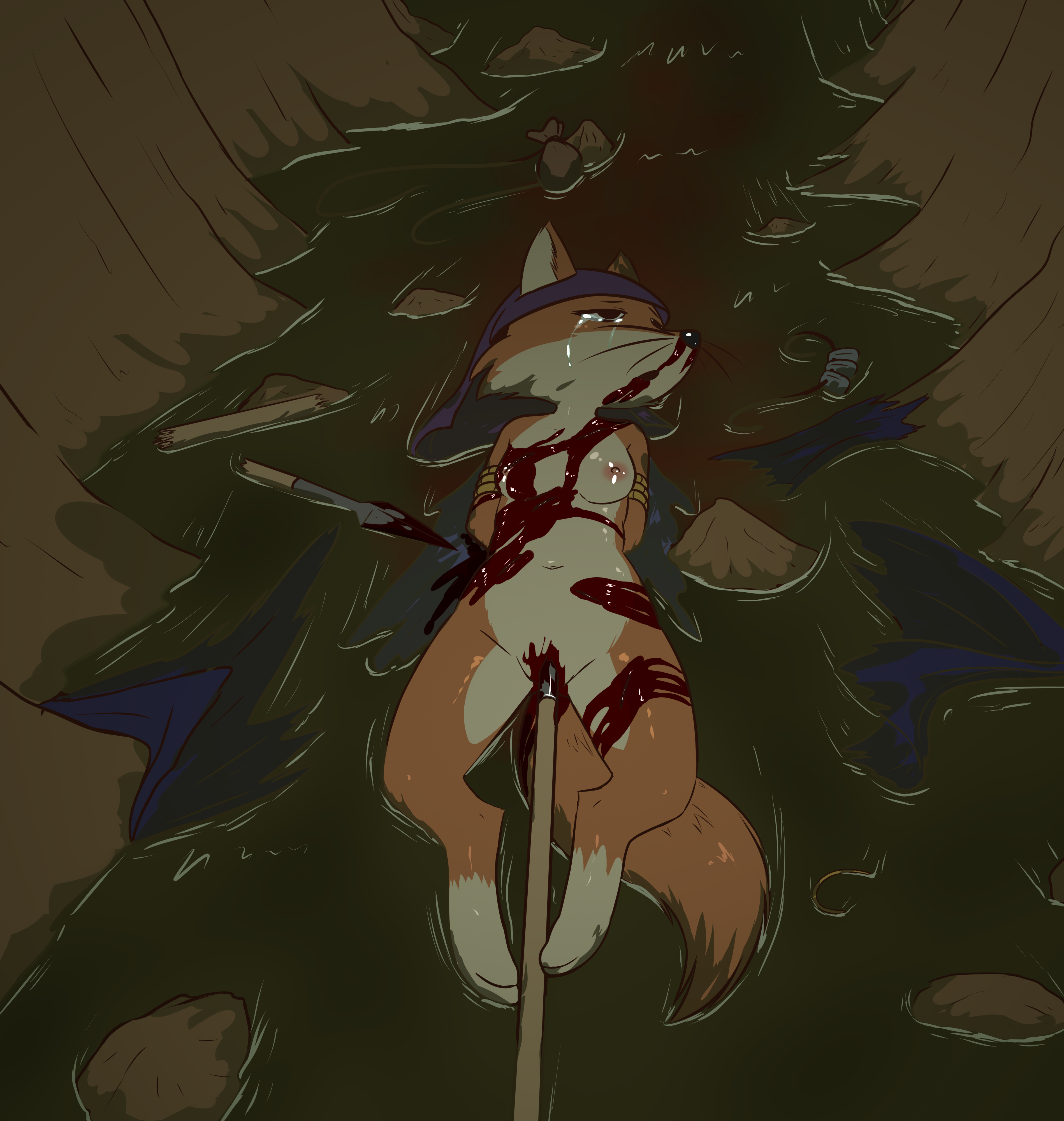 absurd_res anthro arms_tied arms_tied_behind_back blood_in_water bodily_fluids bound breasts broken_spear canid canine cheek_tuft clitoris corpse creek cruelty crying death e254e facial_tuft female fluffy fluffy_tail fox genitals gore gypsy hi_res mammal melee_weapon navel nipples nosebleed nude penetration polearm redwall rock ryona sad sela_(redwall) snout solo spear stab_wound tail tears tight_fit tuft vaginal_impalement vaginal_penetration vulva weapon weapon_penetration whiskers
