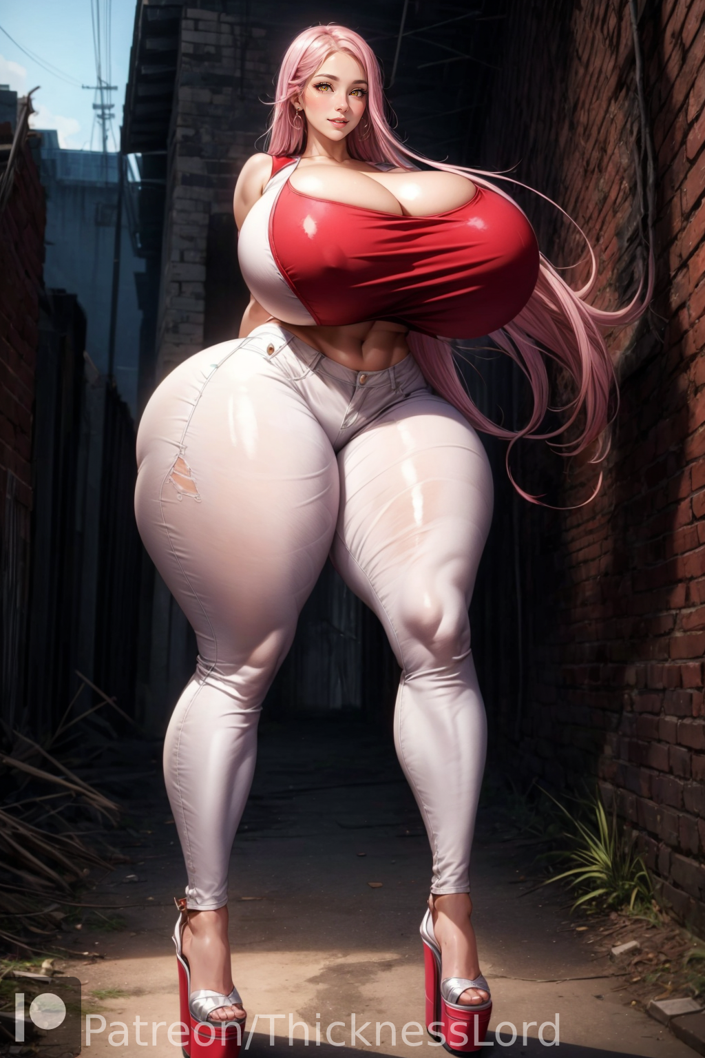 sagiri yuuko, triage x, absurd res, absurdres, hi res, high resolution, highres, 1girls, abs, ai generated, athletic, big breasts, breasts, cleavage, curvaceous, curves, curvy, curvy body, curvy female, curvy figure, curvy hips, female, female only, high heels, hourglass figure, huge breasts, jeans, legwear, long legs, massive breasts, massive thighs, pink hair, platform heels, shiny skin, solo, solo female, solo focus, stable diffusion, thick thighs, thicknesslord, voluptuous, voluptuous female, wide hips, yellow eyes, 