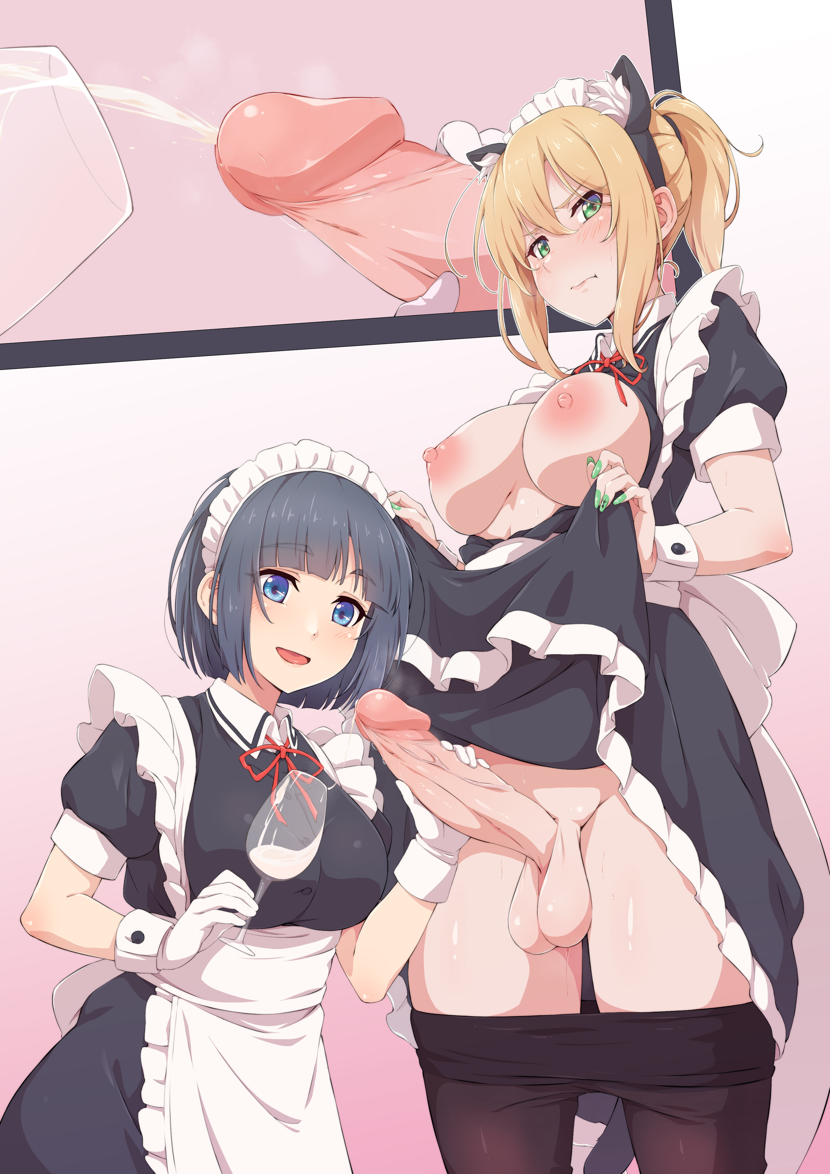 original, decensored, highres, 1futa, 1girls, apron, balls, big breasts, big penis, black dress, black legwear, blonde hair, blue eyes, blue hair, breasts, breasts out, closed mouth, clothed, clothes lift, clothes pull, clothing, cum, cum in container, cum in cup, cup, dress, dress lift, drinking glass, duo, ejaculation, erection, eyebrows visible through hair, female, fingernails, fully clothed, futa on female, futa with female, futanari, gloves, green eyes, green nails, hair between eyes, handjob, human, kujya, large breasts, lifted by self, light-skinned female, light-skinned futanari, light skin, long fingernails, looking at viewer, maid, maid headdress, mostly clothed, multiple girls, nail polish, nipples, open mouth, pantyhose, pantyhose pull, penis, projectile cum, puffy short sleeves, puffy sleeves, short hair, short sleeves, standing, testicles, uncensored, white apron, white gloves, wrist cuffs, 