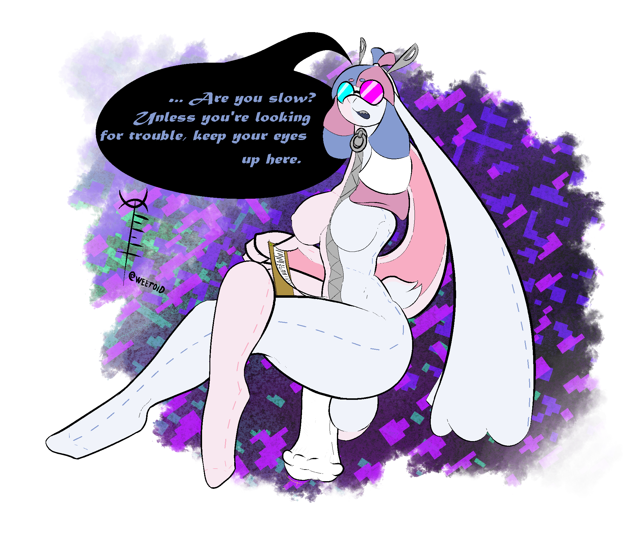 2024 4_fingers alpaca animal_genitalia animal_penis animate_inanimate anthro balls big_balls big_breasts big_penis breasts camelid clipboard colored crossed_legs dialogue equine_genitalia equine_penis eyewear featureless_breasts fingers fur futanari genitals glasses hair hair_up half-erect head_arms hi_res holding_object hooves insult insulting_viewer intersex lagomorph leporid mammal multicolored_body multicolored_fur multicolored_hair pattern_background penis plushie plushie-like rabbit scut_tail sewing_needle sharp_teeth short_tail signature simple_background sitting solo stitch_(sewing) suture_(weet) tail teeth thick_thighs threatening threatening_viewer tinted_glasses two-tone_body two-tone_fur unguligrade unguligrade_anthro weet weet_(artist) white_penis zipper