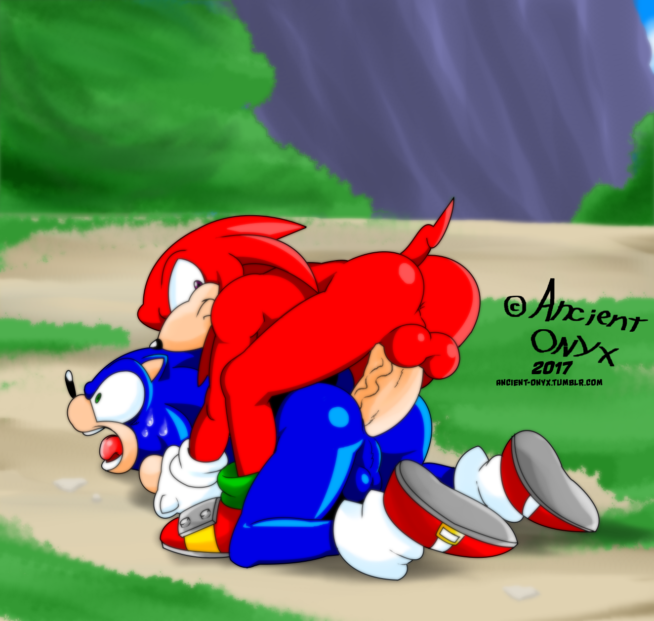 ancient-onyx, ancientonyx, knuckles the echidna, sonic the hedgehog, sega, sonic (series), 2d, color, anal, anthro, anus, ass, ass up, backsack, balls, blue fur, blue spines, doggystyle, forced yaoi, furry only, gay, grass, green eyes, hedgehog, huge balls, huge cock, interspecies, male, male/male, male only, monotreme, no humans, on knees, open mouth, outside, penis, pinned down, purple eyes, red dreadlocks, red fur, screaming, sweat, taint, veiny penis, wide eyed, yaoi, 