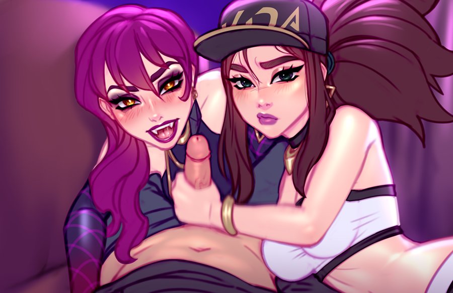 blushypixy, akali, evelynn, k/da akali, k/da evelynn, k/da series, league of legends, 1boy, 2girls, alternate costume, erection, female, handjob, looking at viewer, male, penis, pov, 