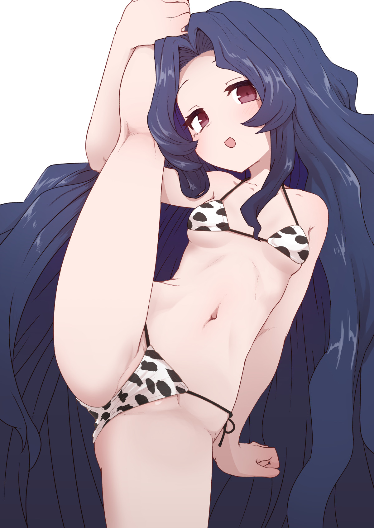 sumiyao (amam), original, highres, simple background, white background, :d, animal print, arm support, bangs, bare shoulders, bikini, blue hair, blush, breasts, collarbone, cow print, cowboy shot, female, halterneck, holding leg, kneepits, leg up, long hair, micro bikini, navel, open mouth, parted bangs, purple eyes, side-tie bikini, sidelocks, skindentation, small breasts, smile, solo, split, standing, standing on one leg, standing split, string bikini, swimsuit, very long hair, 