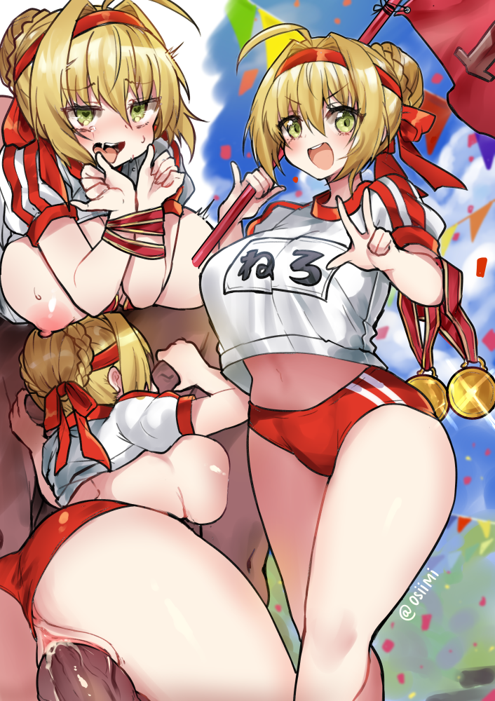 osiimi, nero claudius (fate), nero claudius (olympian bloomers), fate/extra, fate/grand order, fate (series), revision, :d, ahe gao, anus peek, areolae, ass, back, blonde hair, blush, bound, bound wrists, breasts, buruma, cleavage, clothed sex, cloud, confetti, day, fellatio, female, flag, green eyes, group sex, gym uniform, headband, heart, heart-shaped pupils, large breasts, looking at viewer, medal, midriff, nipples, open mouth, oral, penis, rolling eyes, saliva, sequential, sex, sideboob, smile, solo focus, straight, sweat, symbol-shaped pupils, tears, teeth, tongue, tongue out, uncensored, vaginal penetration, 
