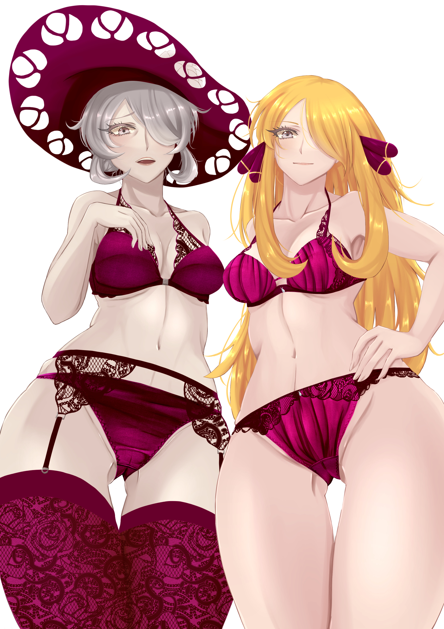cynthia (pokemon), game freak, pokemon dppt, alternate version available, 2girls, ancestor and descendant, big breasts, black eyes, blonde hair, bottomwear, bra, breasts, cleavage, cogita (pokemon), female, female only, garter belt, garter straps, hair, hair over one eye, hand on hip, hat, headwear, hips, huge breasts, kikyouta, lace, lace-trimmed bra, lace-trimmed garter belt, lace-trimmed legwear, lace-trimmed panties, lace-trimmed thighhighs, lace trim, legwear, lingerie, long hair, looking at viewer, mature, mature female, mature woman, milf, nipples, panties, pink bra, pink panties, pink thighhighs, pokemon, pokemon legends: arceus, short hair, thighhighs, topwear, white hair, 