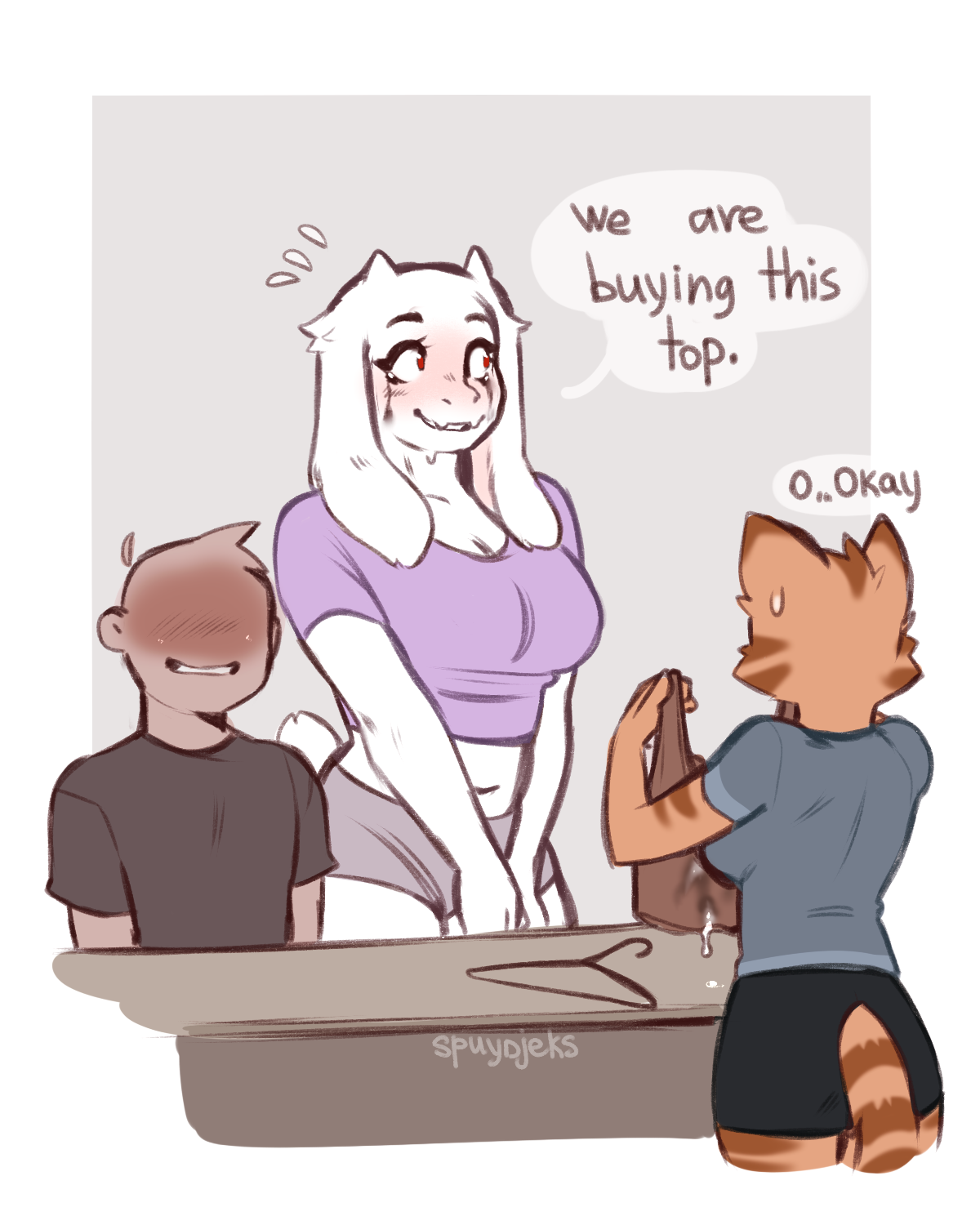 2_horns after_paizuri after_titfuck anthro artist_name black_clothing black_shirt black_t-shirt black_topwear blue_clothing blue_shirt blue_t-shirt blue_topwear blush bodily_fluids border boss_monster_(undertale) bottomwear bovid breasts caprine clothes_hanger clothing cum cum_drip cum_on_shirt cum_stain dialogue domestic_cat dripping english_text faceless_character faceless_human faceless_male felid feline felis female flying_sweatdrops fur genital_fluids goat grey_background group head_tuft hi_res holding_clothing holding_object holding_shirt holding_topwear horn human larger_female looking_away male mammal midriff milf navel nervous_smile orange_body orange_fur purple_clothing purple_shirt purple_topwear red_eyes running_makeup running_mascara scut_tail shirt short_tail shorts simple_background size_difference skirt speech_bubble spuydjeks sweat sweatdrop t-shirt tabby_cat tail teeth text topwear toriel trio tuft undertale undertale_(series) white_body white_border white_fur