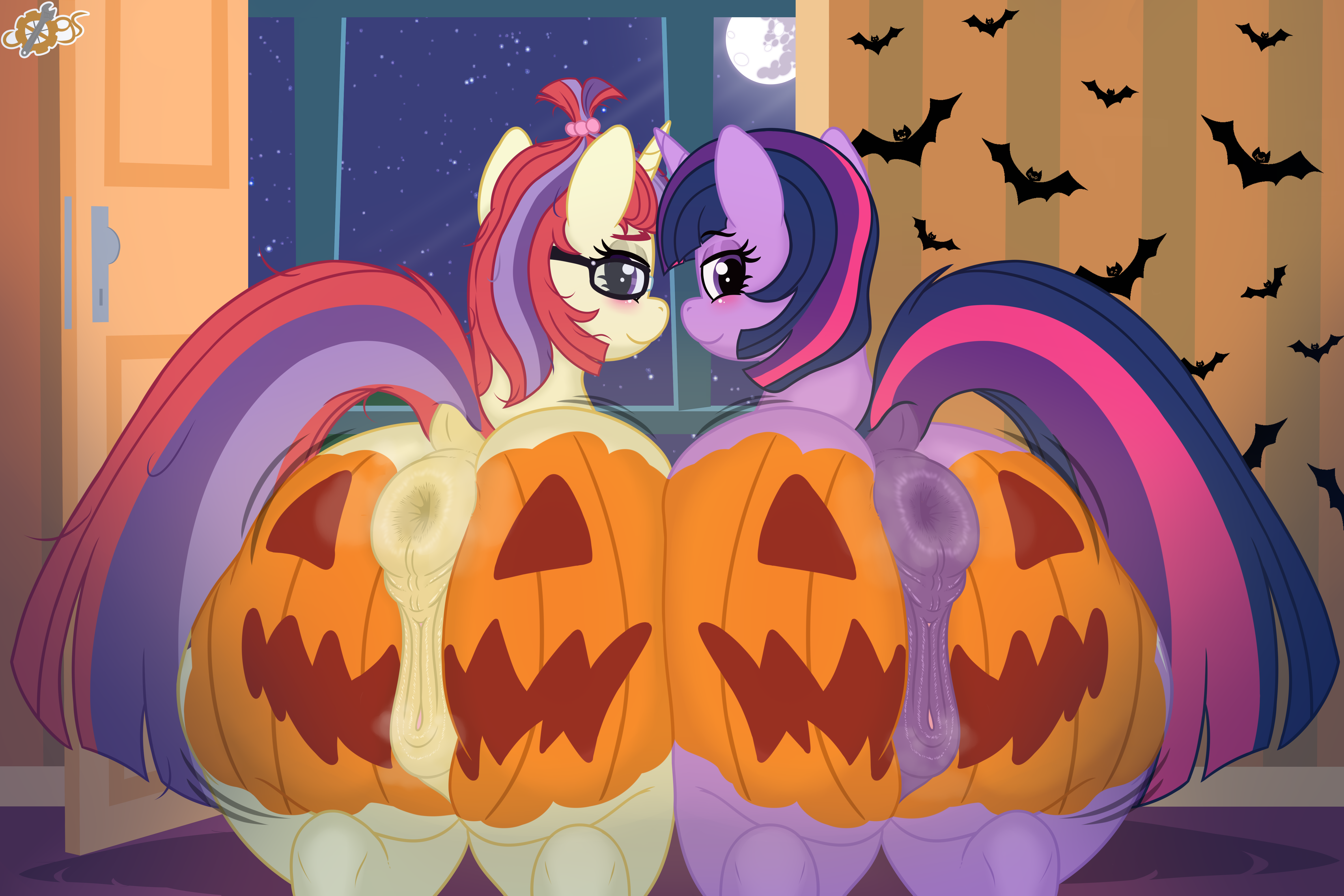 absurd_res animal_genitalia anus ass ass_to_ass big_butt blush bodypaint cogsfixmore detailed_background door duo equid equine equine_genitalia eyelashes eyewear female feral friendship_is_magic genitals glasses halloween hasbro hi_res holidays horn huge_butt inside looking_at_viewer looking_back mammal moondancer_(mlp) my_little_pony mythological_creature mythological_equine mythology pupils purple_body quadruped rear_view smile tail tail_aside thick_thighs twilight_sparkle_(mlp) unicorn vulva window