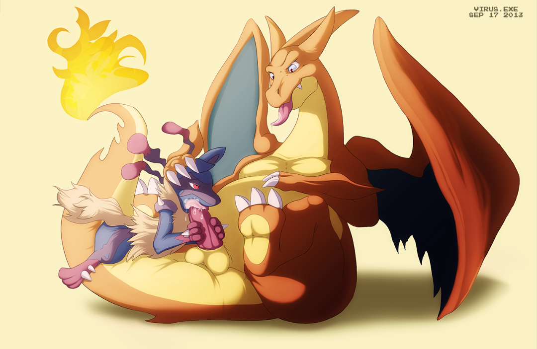charizard, lucario, mega charizard y, mega lucario, nintendo, pokemon xy, yellow background, 2boys, belly, black fur, blue eyes, blue fur, blue skin, claws, cum, cum on face, cum on penis, dragon, drooling, feet, fellatio, fire, furry, gay, hand on head, handjob, horns, interspecies, large penis, male, male only, mega evolution, muscular, muscular male, no nipples, nude, oral, orange skin, pecs, penis, pokemon, precum, red eyes, red fur, saliva, scalie, sex, shadow, size difference, soles, spikes, tail, teeth, video games, white skin, wings, yellow fur, 
