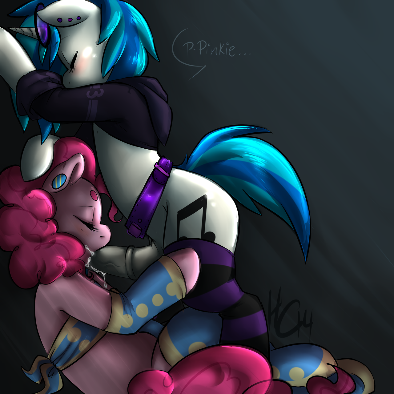 honeyclop, pinkie pie (mlp), vinyl scratch (mlp), friendship is magic, my little pony, text, blush, closed eyes, cum, dialog, equine, female, horn, horse, male, mammal, oral, penis, sex, sitting, 