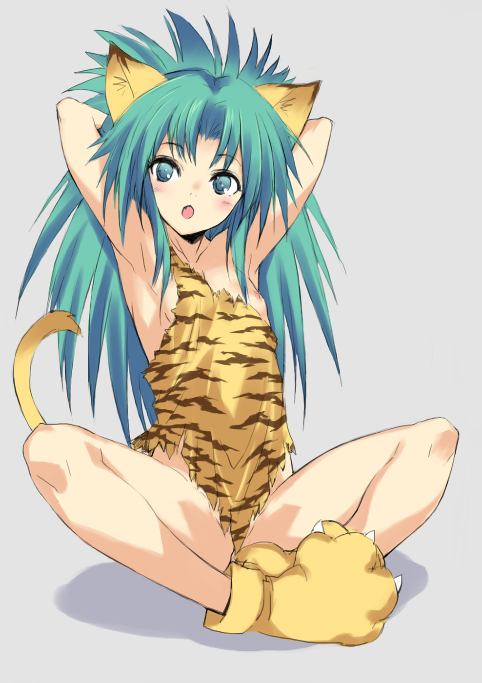 kawata hisashi, cham cham, samurai shodown, snk, highres, animal ears, armpits, arms behind head, arms up, cat ears, flat chest, green eyes, green hair, long hair, nipple slip, nipples, paws, solo, tail, 