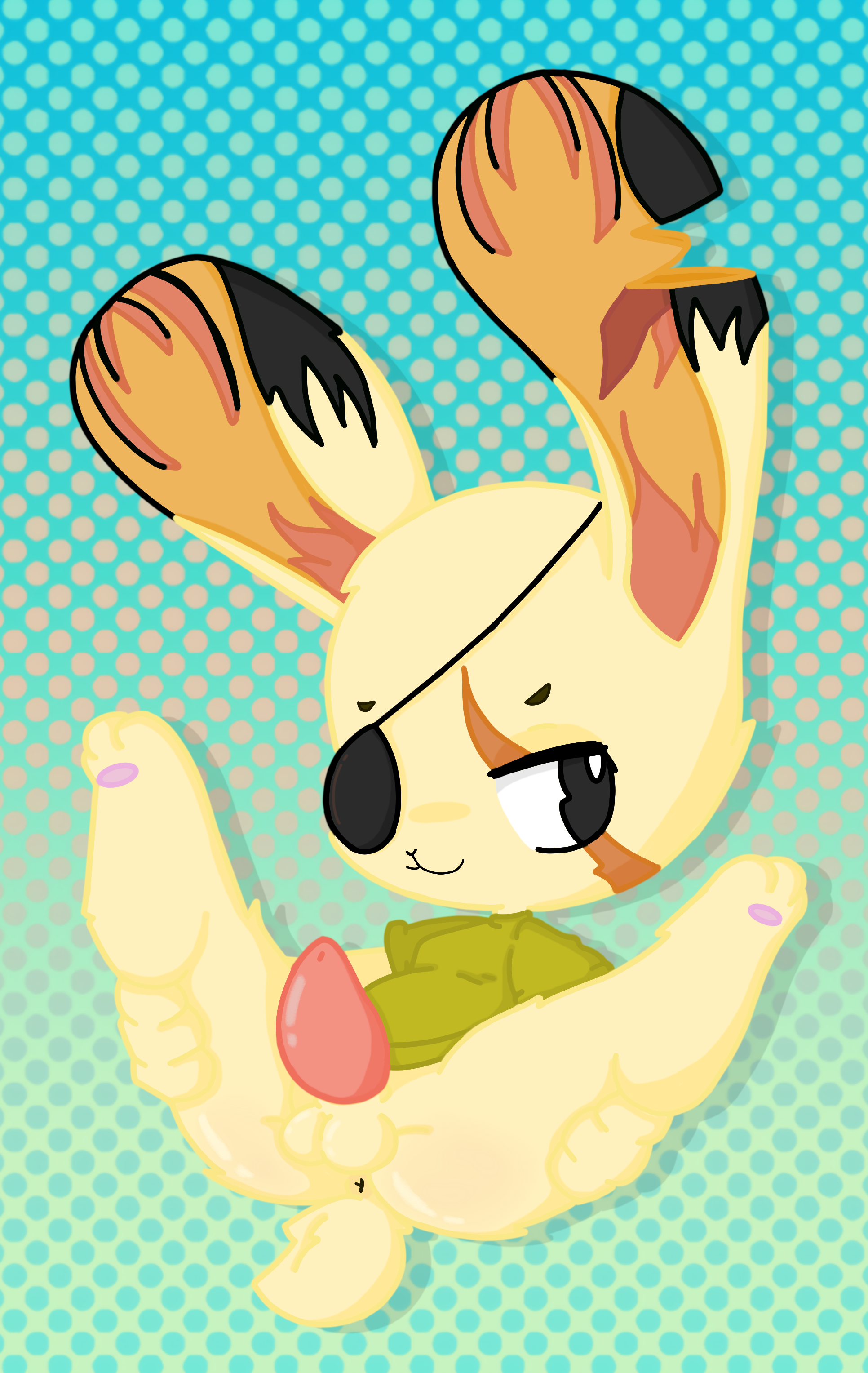 jackbox games, absurd res, hi res, anthro, anus, balls, clothed, clothing, dustyspaghetti, erection, eye patch, eyewear, genitals, lagomorph, leporid, male, mammal, partially clothed, penis, presenting, rabbit, scar, shirt, smile, solo, spread legs, spreading, t-shirt, tee k.o., the jackbox party pack, topwear, video games, 