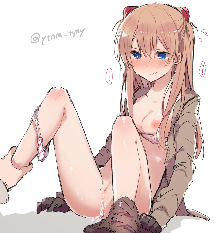 ikeuchi tanuma, soryu asuka langley, neon genesis evangelion, twitter username, /\/\/\, ass, bangs, black gloves, blonde hair, blue eyes, blush, bra, bra pull, breasts, cum, cum in pussy, eyebrows visible through hair, female, gloves, grey jacket, hair between eyes, headgear, jacket, long hair, long sleeves, looking at another, medium breasts, nipples, nose blush, out of frame, panties, panties around leg, pants down, pussy, sitting, striped, sweat, tears, underwear, vertical-striped bra, vertical-striped panties, vertical stripes, white bra, white panties, 