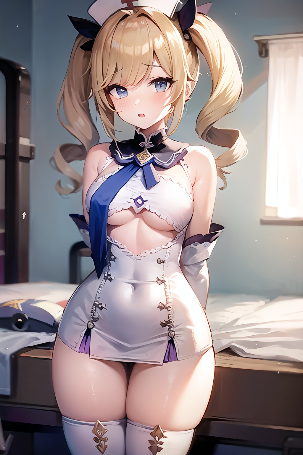 1girls, ai generated, barbara (genshin impact), bed, blonde hair, blue eyes, blush, breasts, genshin impact, light-skinned female, light skin, looking at viewer, medium breasts, nails, nurse, nurse cap, nurse uniform, skimpy, skimpy clothes, smile, stable diffusion, thick thighs, thighhighs, twintails, underboob, 