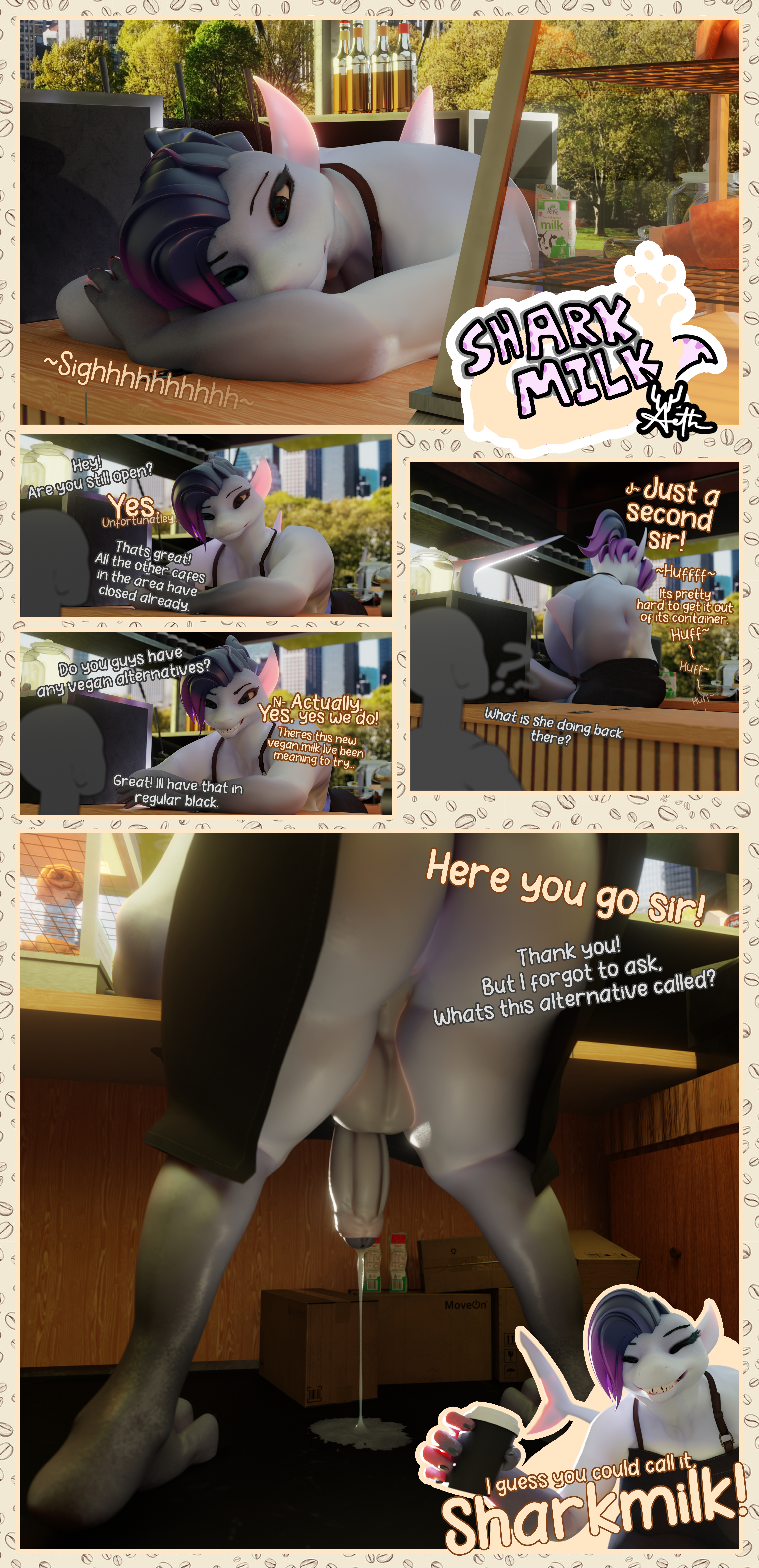 absurd_res aeththefoxdeer andromorph anthro ayla backsack balls beverage blank_humanoid bodily_fluids clothed clothing coffee coffee_shop comic cum fish genital_fluids genitals hi_res intersex marine onomatopoeia paneling public shark shark_fin shark_tail skimpy solo sound_effects text unprofessional_behavior